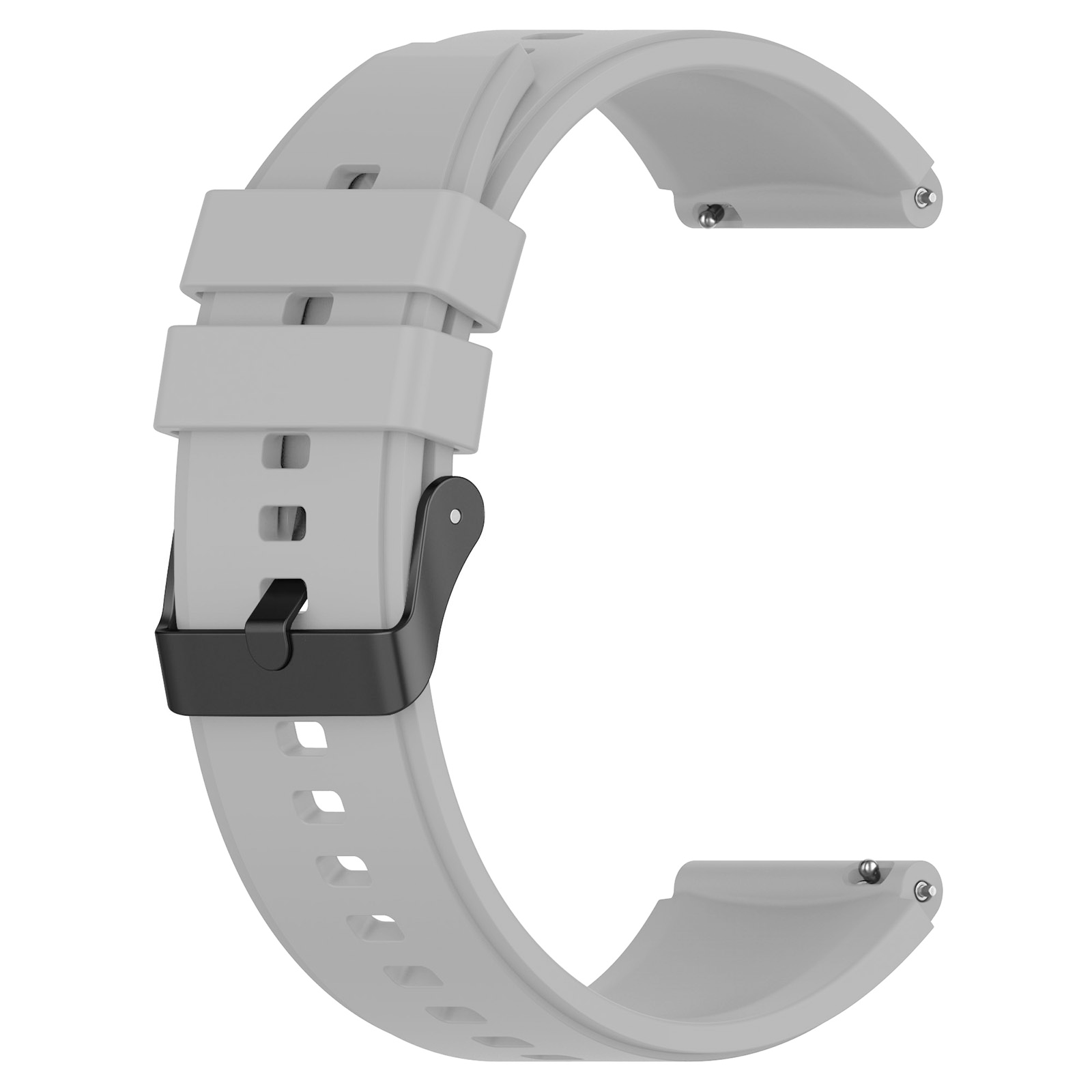 Ein hellgraues Uhrenarmband mit schwarzer Schnalle. Das Armband besteht aus flexiblem Material.