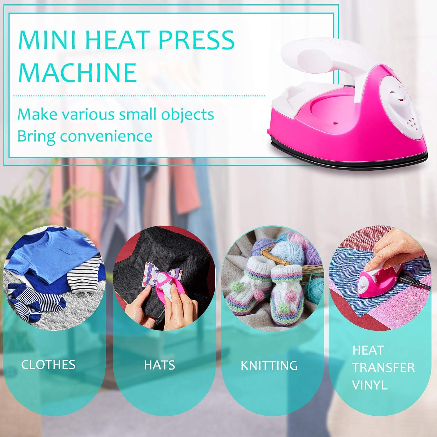 Rosa Mini-Heißpressmaschine mit Beispielen für Kleidung, Hüte, Stricken und Wärmeübertragungsfolie.
