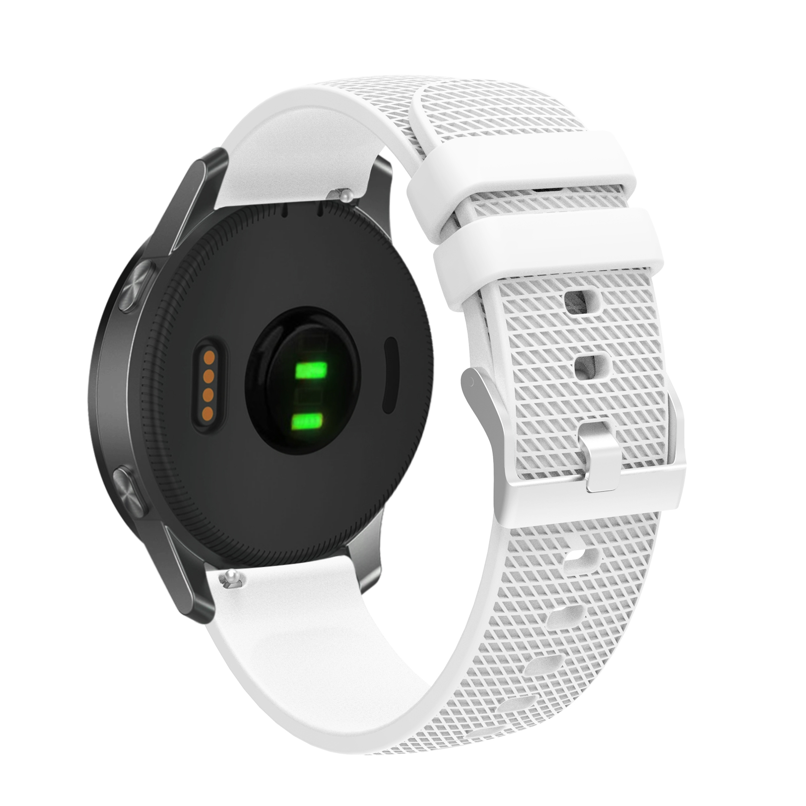 Smartwatch pokazujący tył. Ma czarny korpus, biały pasek i zielony czujnik światła.