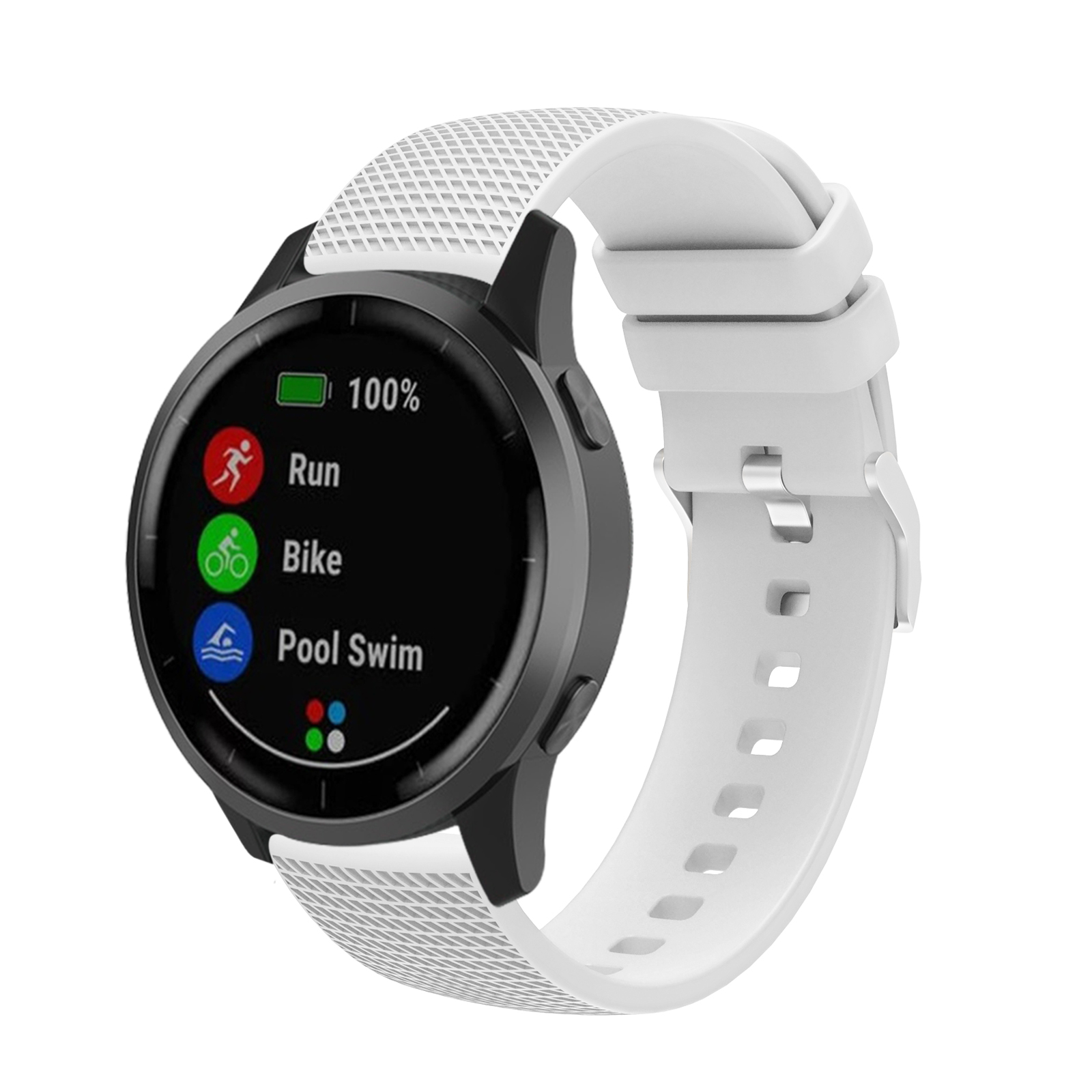 Czarno-biały smartwatch z białym paskiem, pokazujący ikony biegania, roweru i pływania.