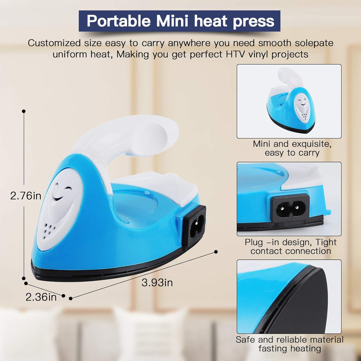 Blau-weiße Mini-Heizpresse mit Maßangaben. Zusätzliche Bilder zeigen Details und Stecker.