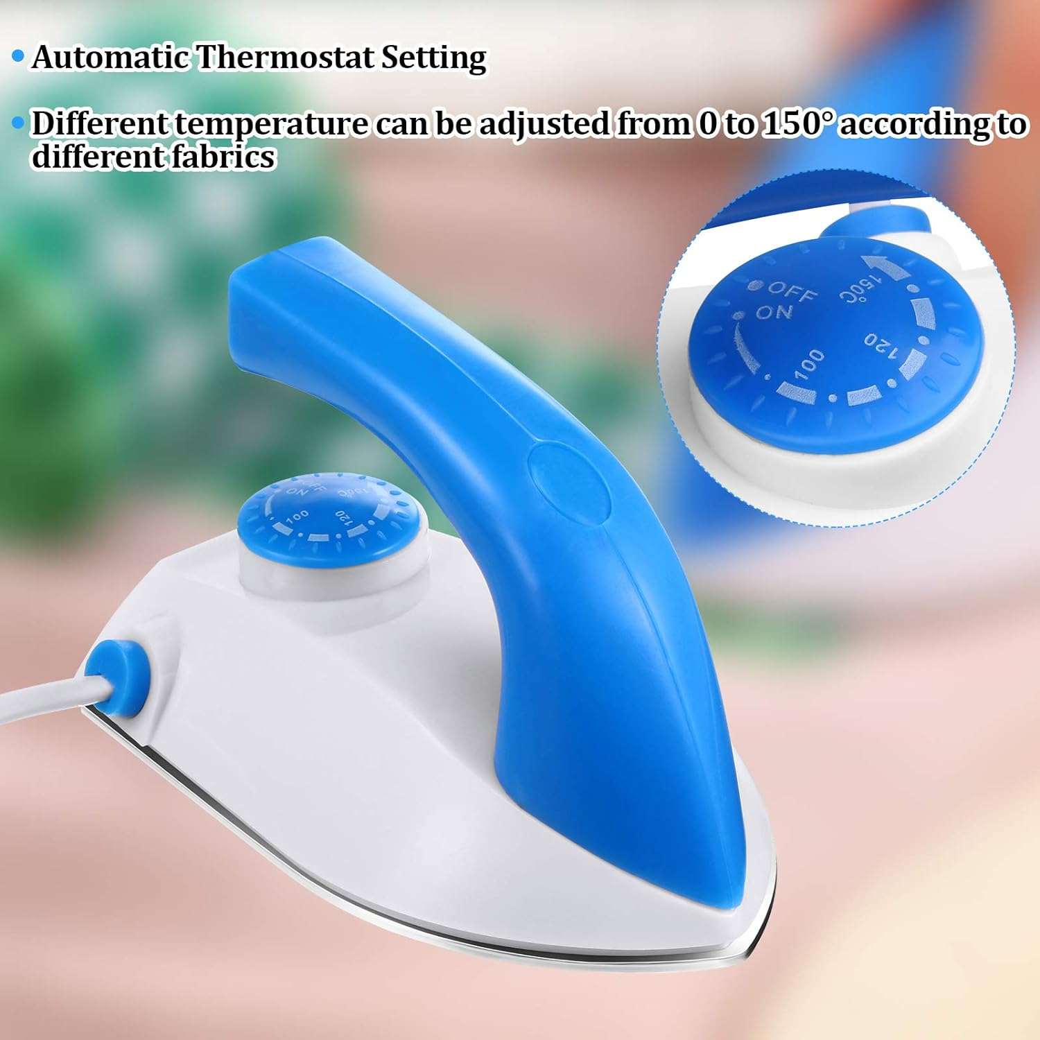 Ein blaues und weißes Bügeleisen mit Temperaturregler. Text sagt automatische Thermostateinstellung.