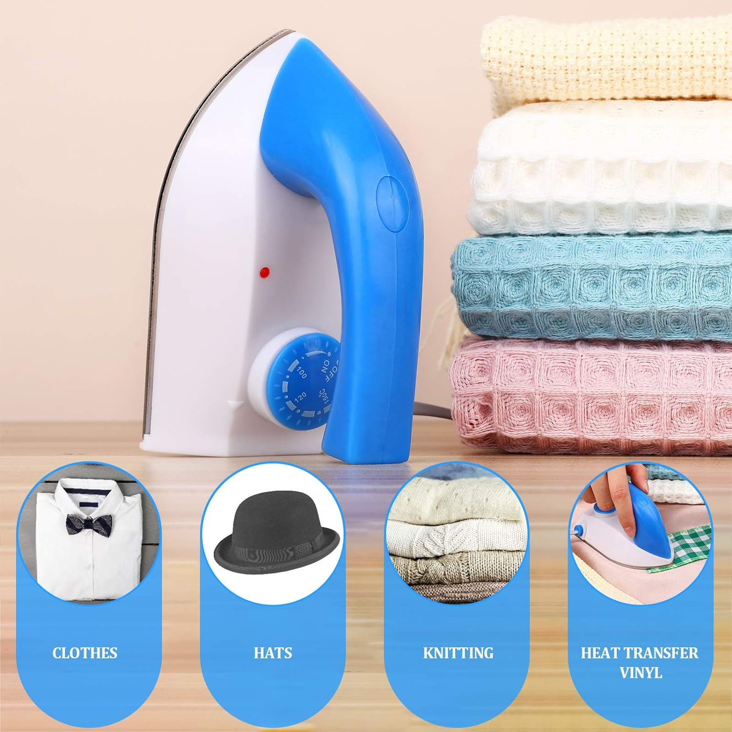 Bügeleisen mit Kleidung, Hüten, Strickwaren und Wärmeübertragungsfolie.