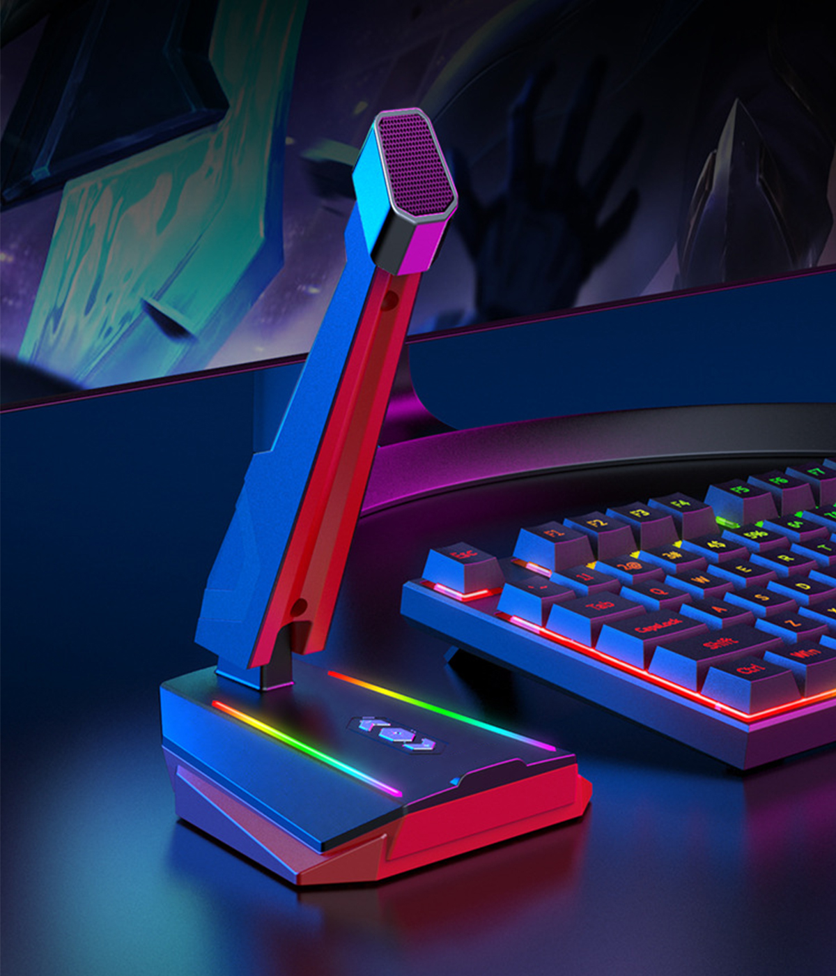 Ein Gaming-Mikrofon mit bunten Lichtern, einer Tastatur und einem Monitor im Hintergrund.