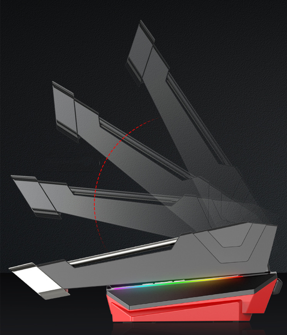 Gaming-Telefonständer: Schwarz-rotes Design mit RGB-Beleuchtung und einstellbaren Winkeln.