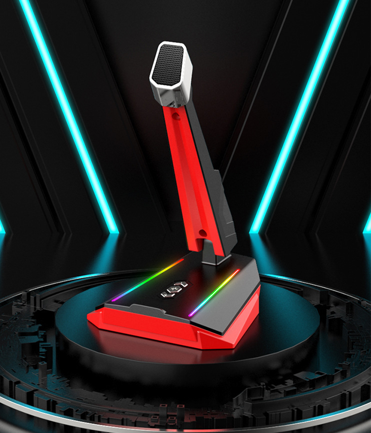 Ein rotes und schwarzes Gaming-Mikrofon auf einer schwarzen Plattform mit Neonlichtern.