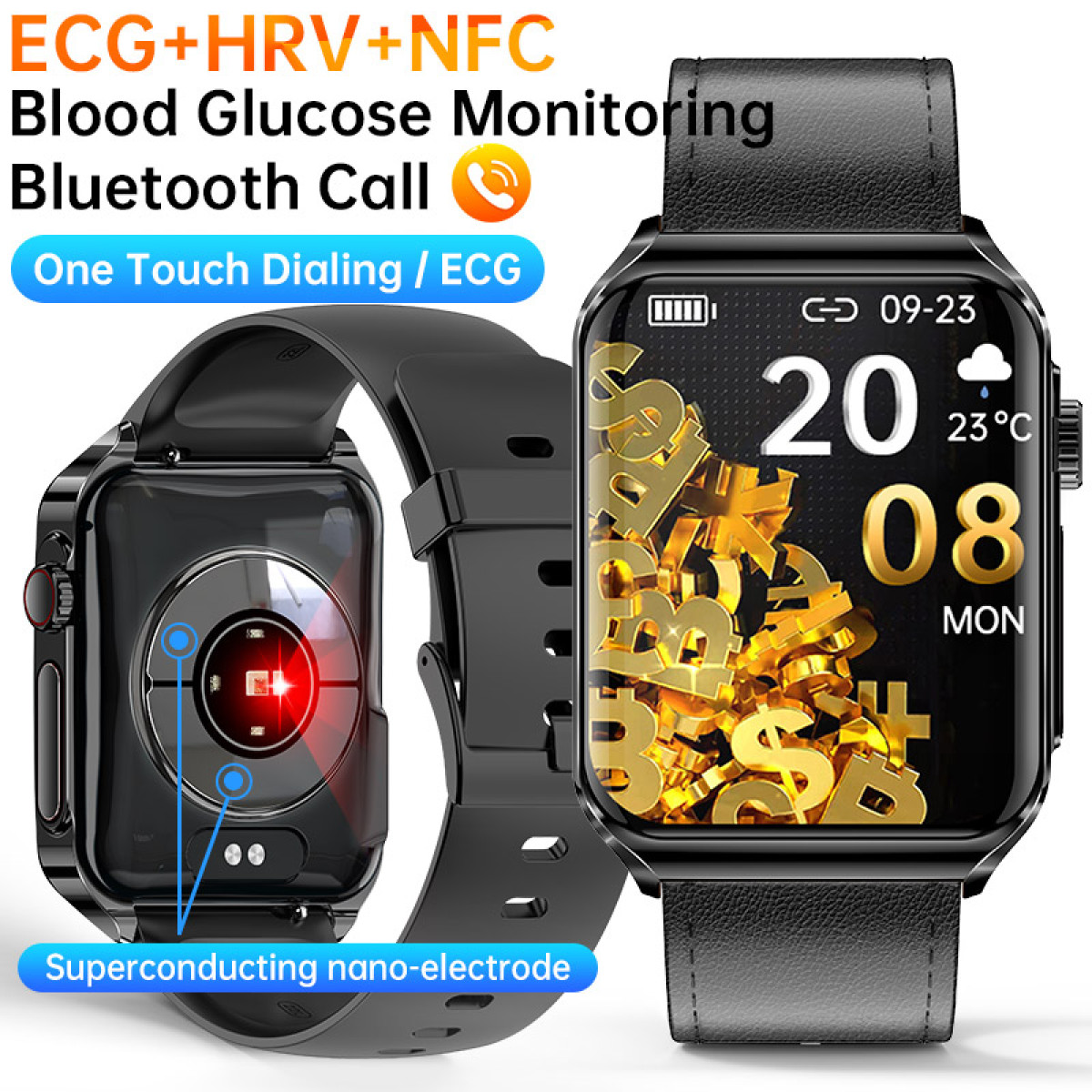 Smartwatch z funkcjami EKG, HRV i NFC, wyświetlający czas, datę i statystyki zdrowia.