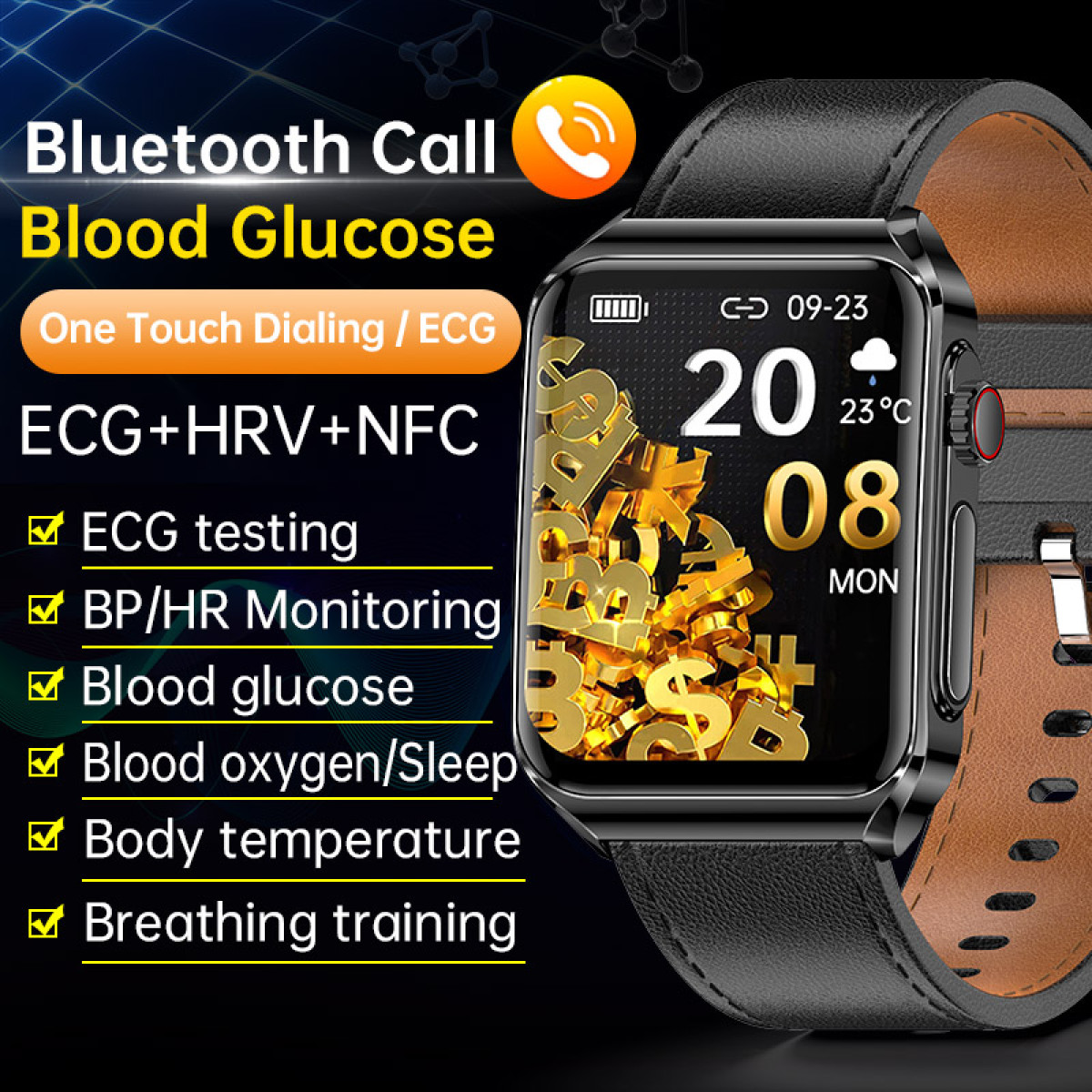 Smartwatch z czarnym paskiem, wyświetlający godzinę, datę i funkcje monitorowania zdrowia.