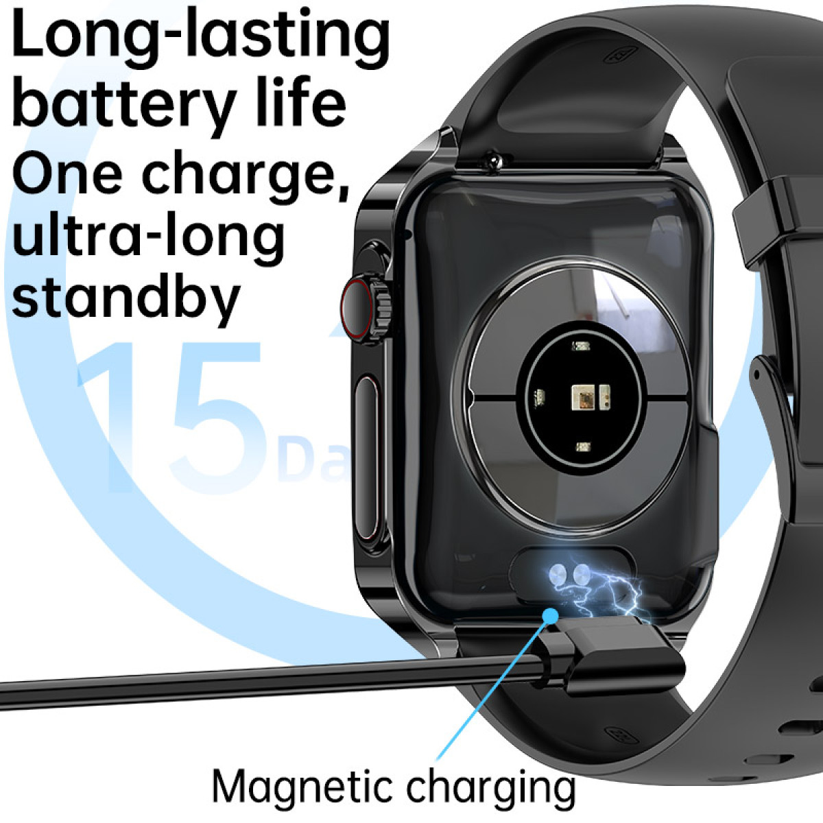 Czarny smartwatch podłączony do magnetycznego kabla ładującego. Wyświetla informacje o żywotności baterii.