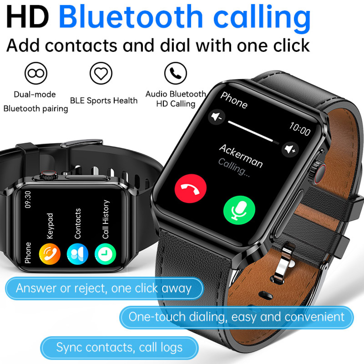 Dwa smartwatche, jeden wyświetlający ekran połączenia telefonicznego. Pokazano przyciski i tekst dotyczące funkcji.