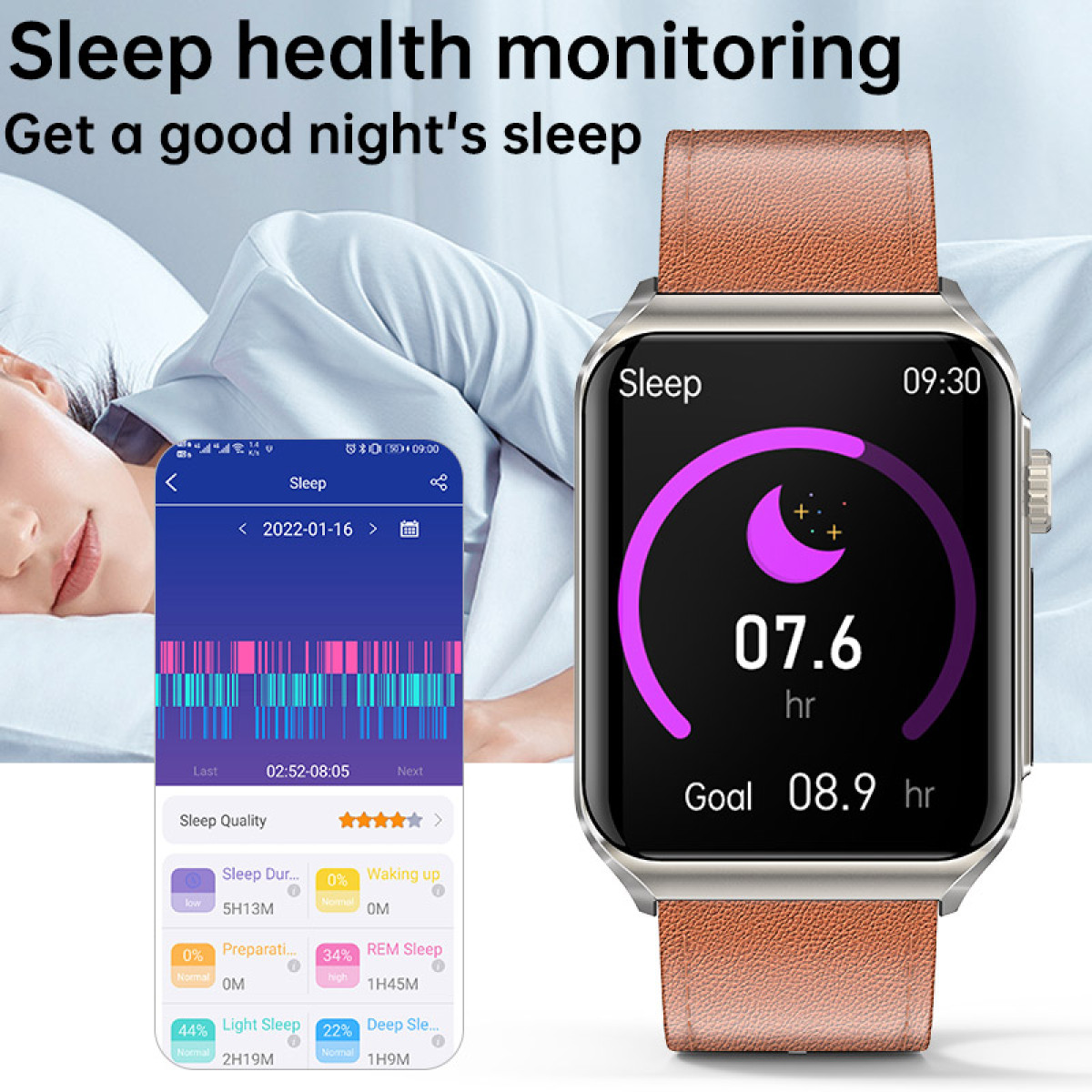 Smartwatch wyświetla dane dotyczące snu z osobą w łóżku. Wyświetla czas trwania snu i sen REM.