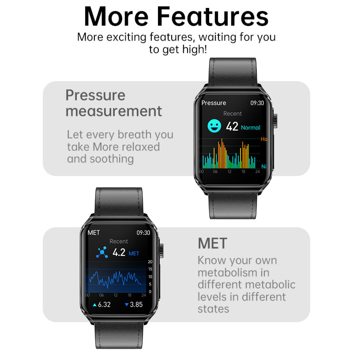 Dwa smartwatche z pomiarami ciśnienia i MET wyświetlanymi na ekranach.