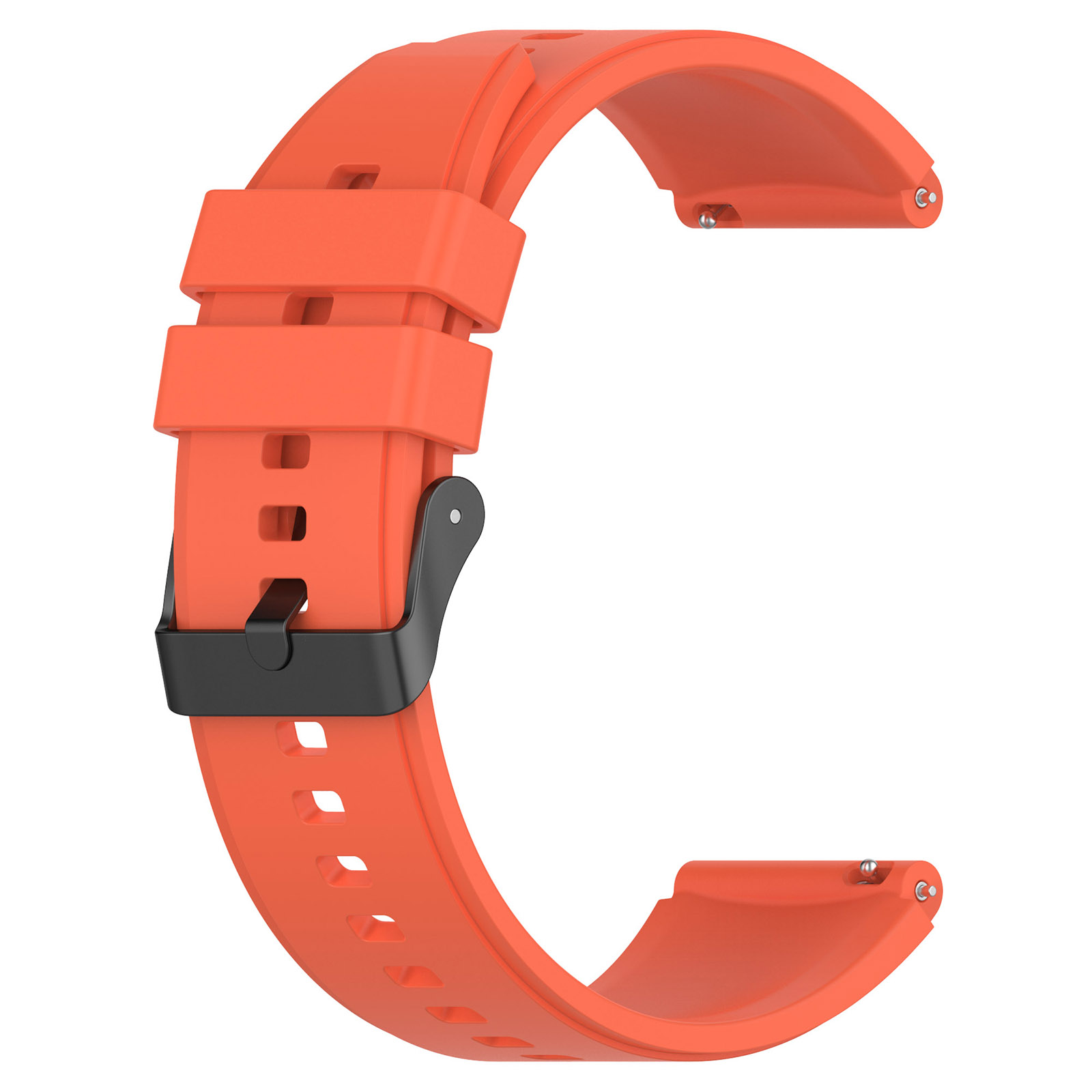 Orangenes Armband. Es hat eine schwarze Schnalle und ist gebogen. Löcher zur Anpassung sind sichtbar.