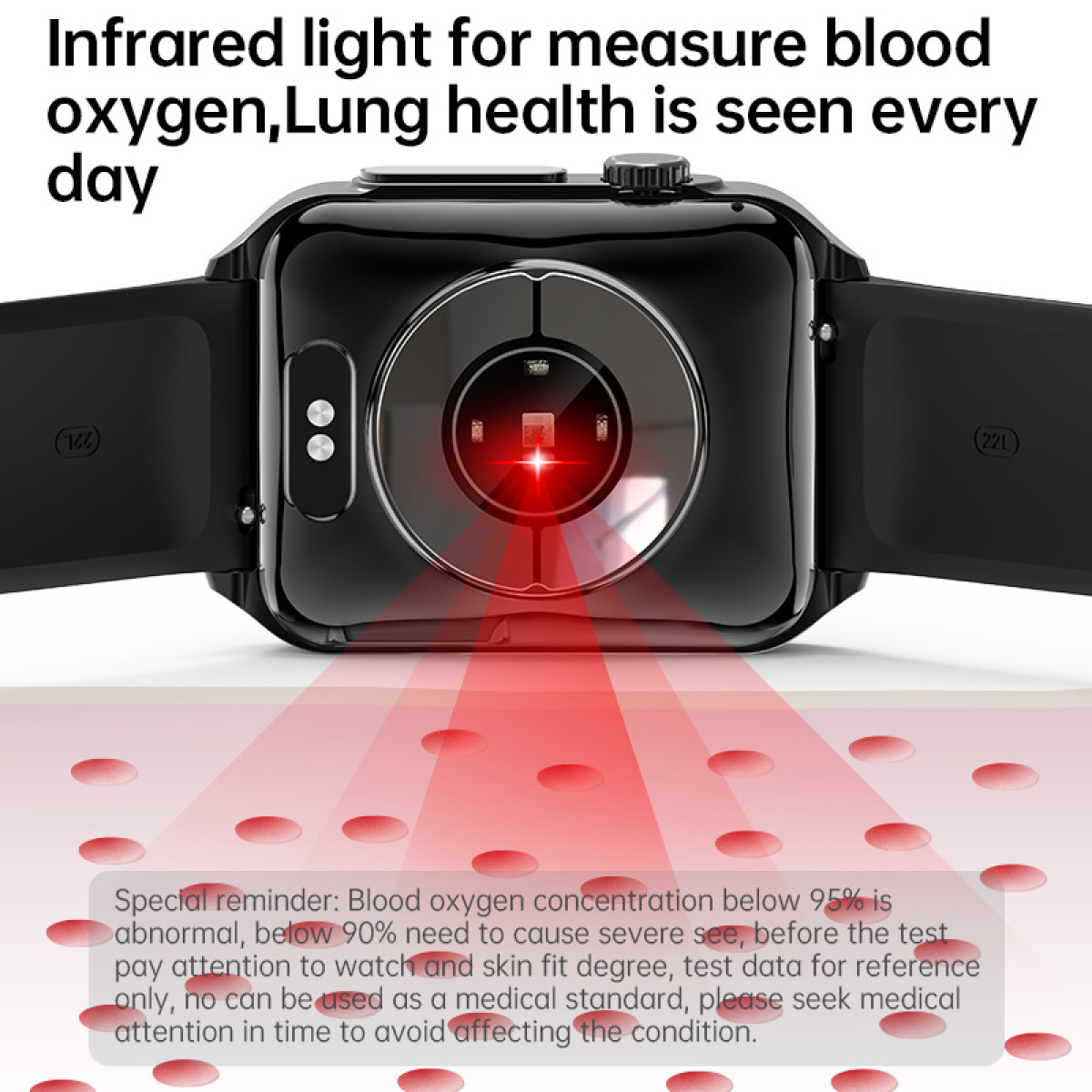 Czarny smartwatch z czerwonym światłem i ilustracją czerwonych krwinek. Tekst o zdrowiu.