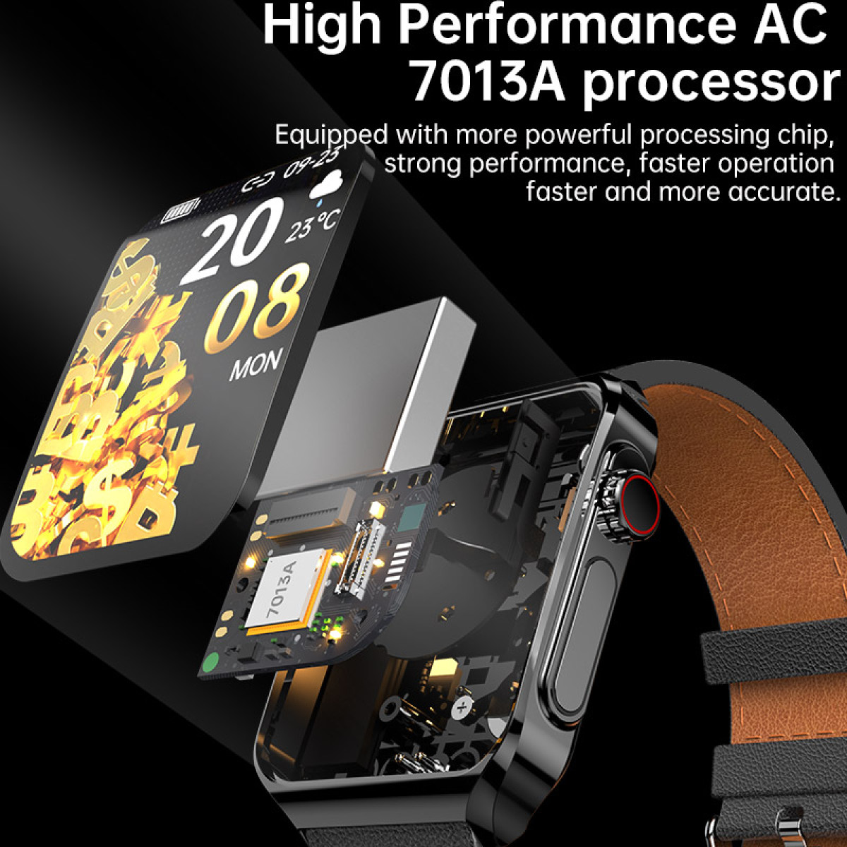 Smartwatch z podświetlonymi komponentami, wyświetlający datę i temperaturę.