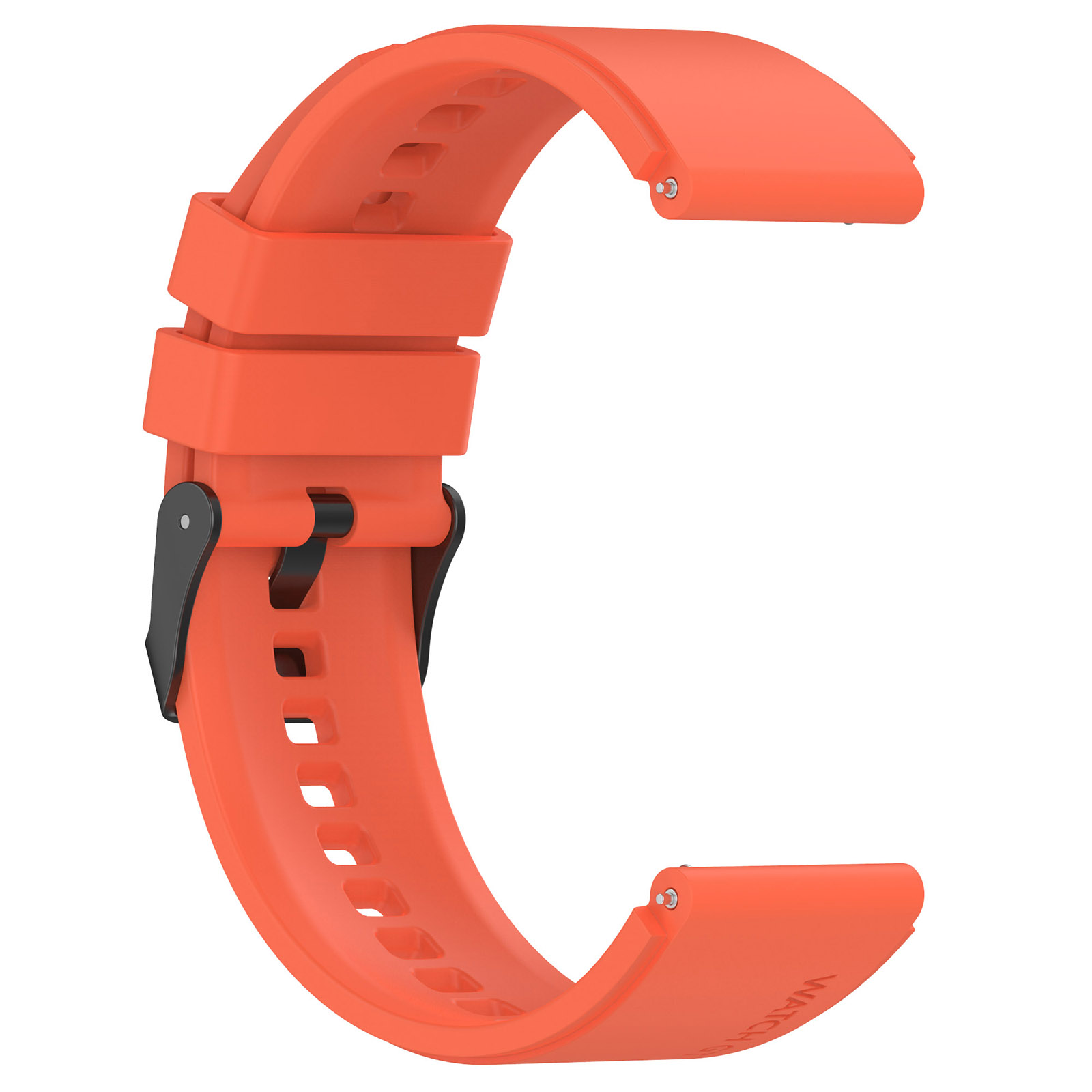 Orangenes Uhrenarmband mit schwarzer Schnalle. Das Armband ist flexibel und hat Löcher zur Anpassung.