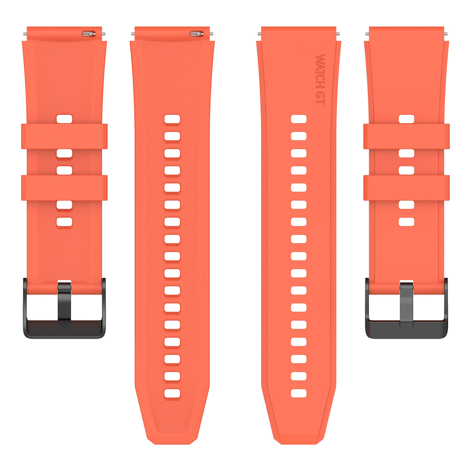 Vier orangefarbene Uhrenarmbänder, zwei mit schwarzen Schnallen, auf einer weißen Oberfläche angeordnet.