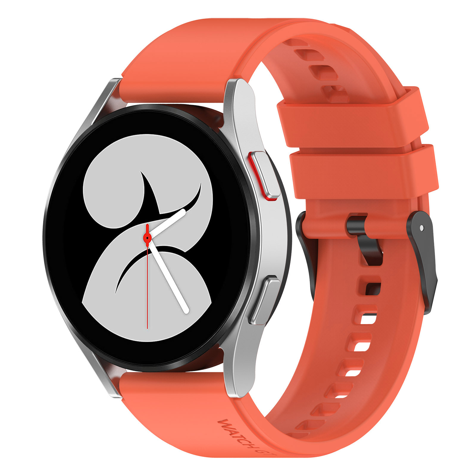 Orange Smartwatch mit silbernem Rahmen und orangefarbenem Armband.