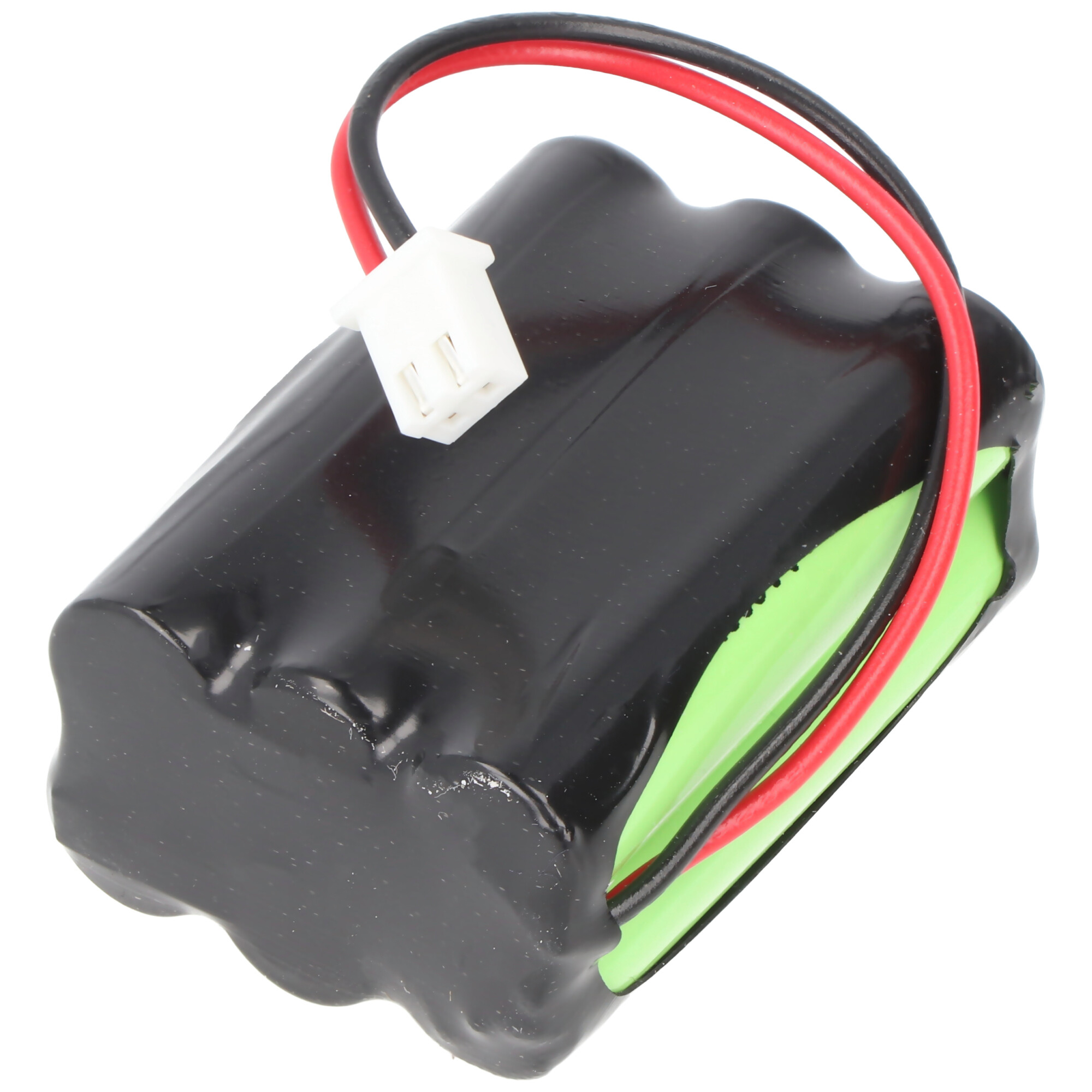 Schwarzer Akku mit grünem Streifen, roten und schwarzen Drähten und einem weißen Stecker.