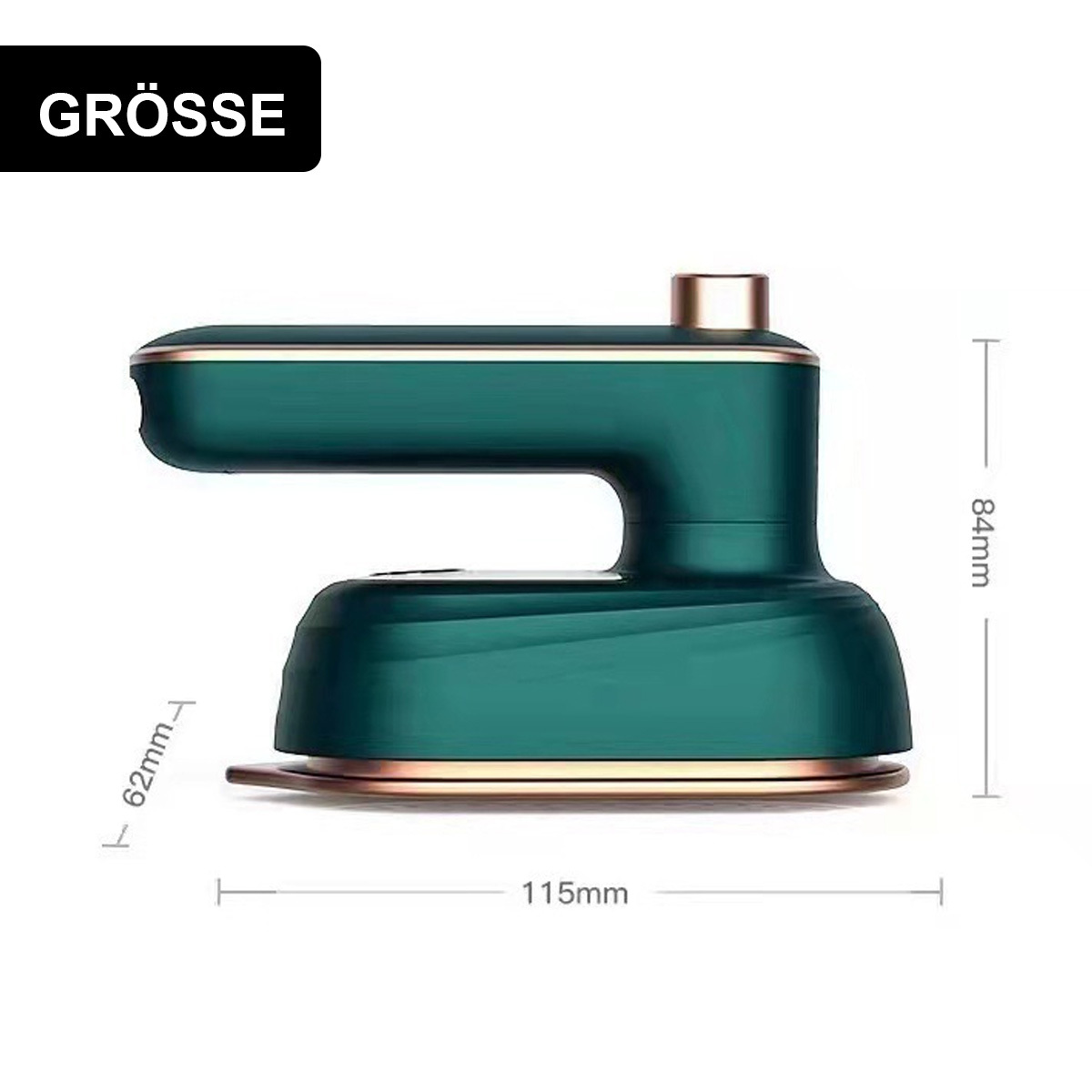 Grünes und goldenes Mini-Bügeleisen auf Weiß. Zeigt die Größenabmessungen. Das Wort 'GRÖSSE' steht oben.
