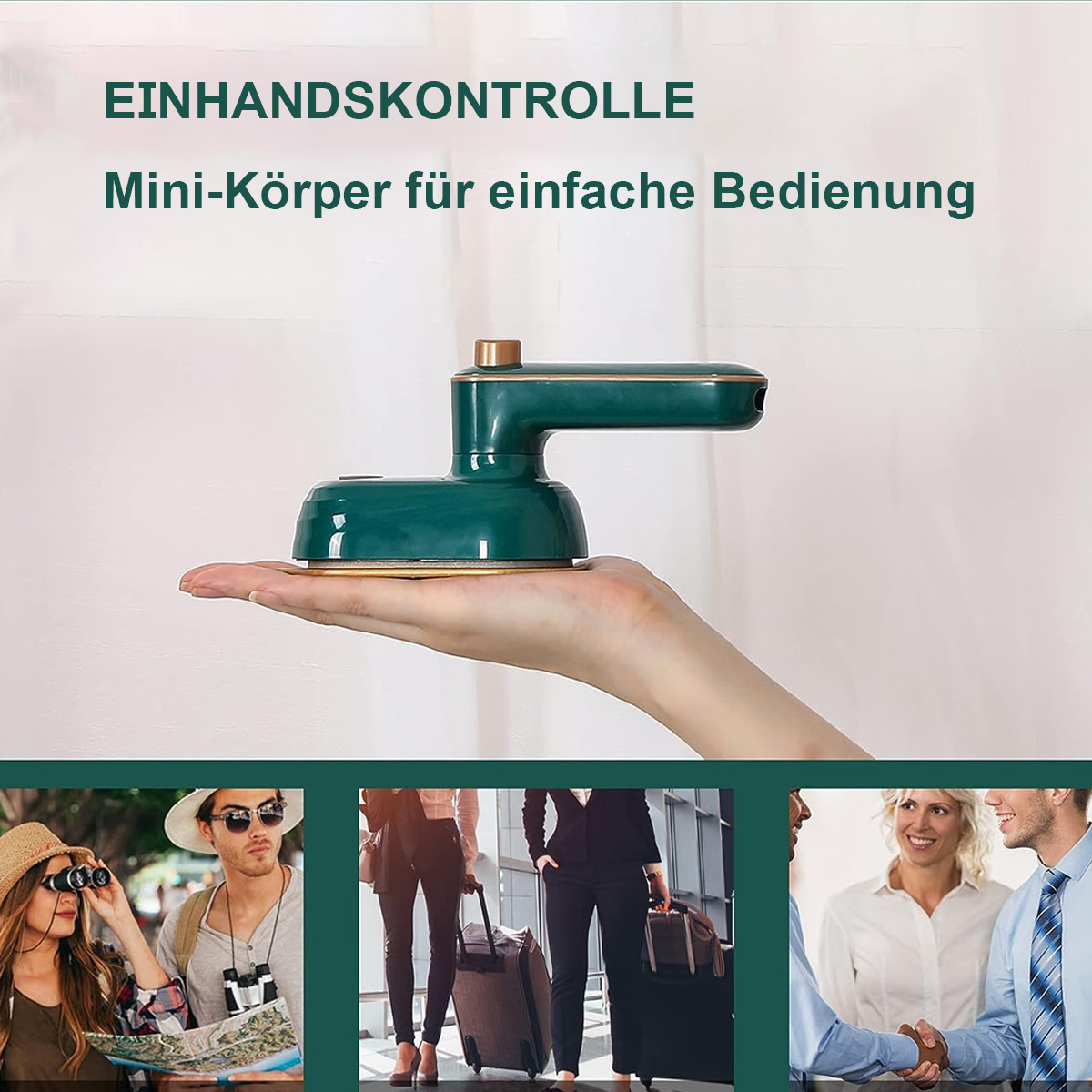 Eine Frau hält ein kleines grünes Bügeleisen. Text: Einhandbedienung, Mini-Körper für einfache Bedienung.