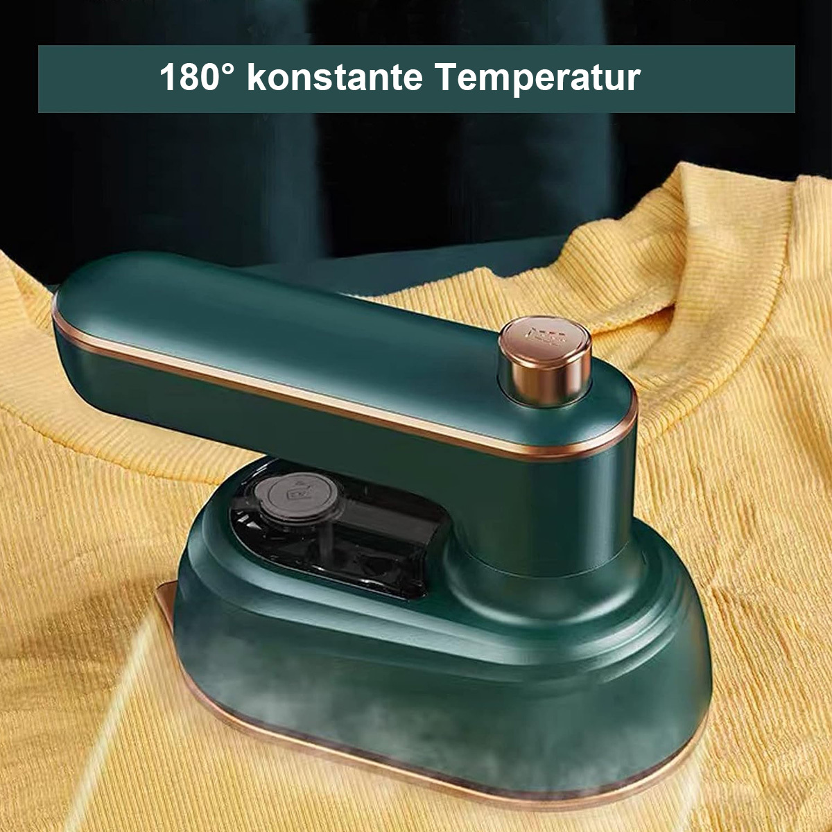 Türkises Reisebügeleisen auf gelbem Hemd. Text: '180° konstante Temperatur'.