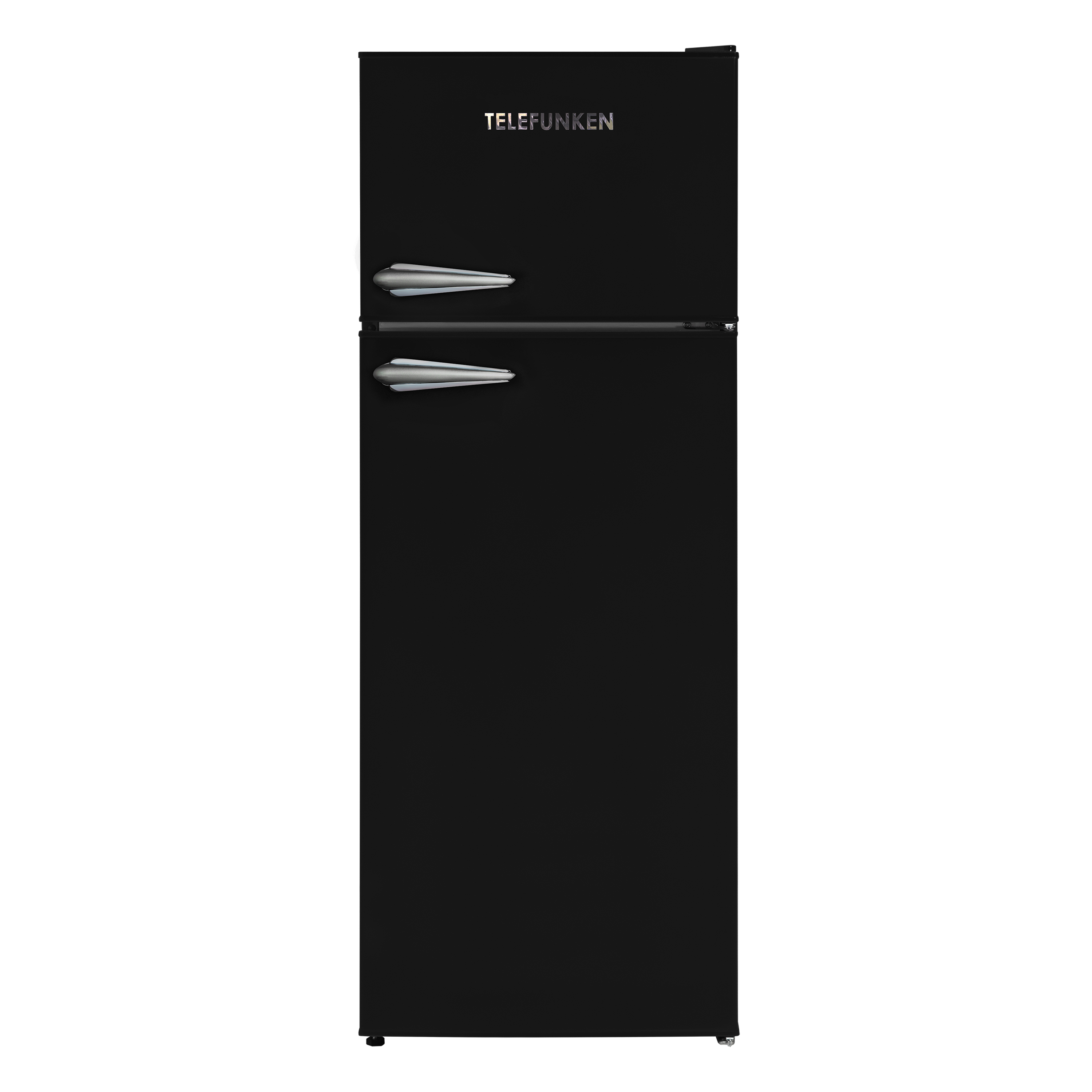 Schwarzer Telefunken-Kühlschrank. Silberne Griffe.