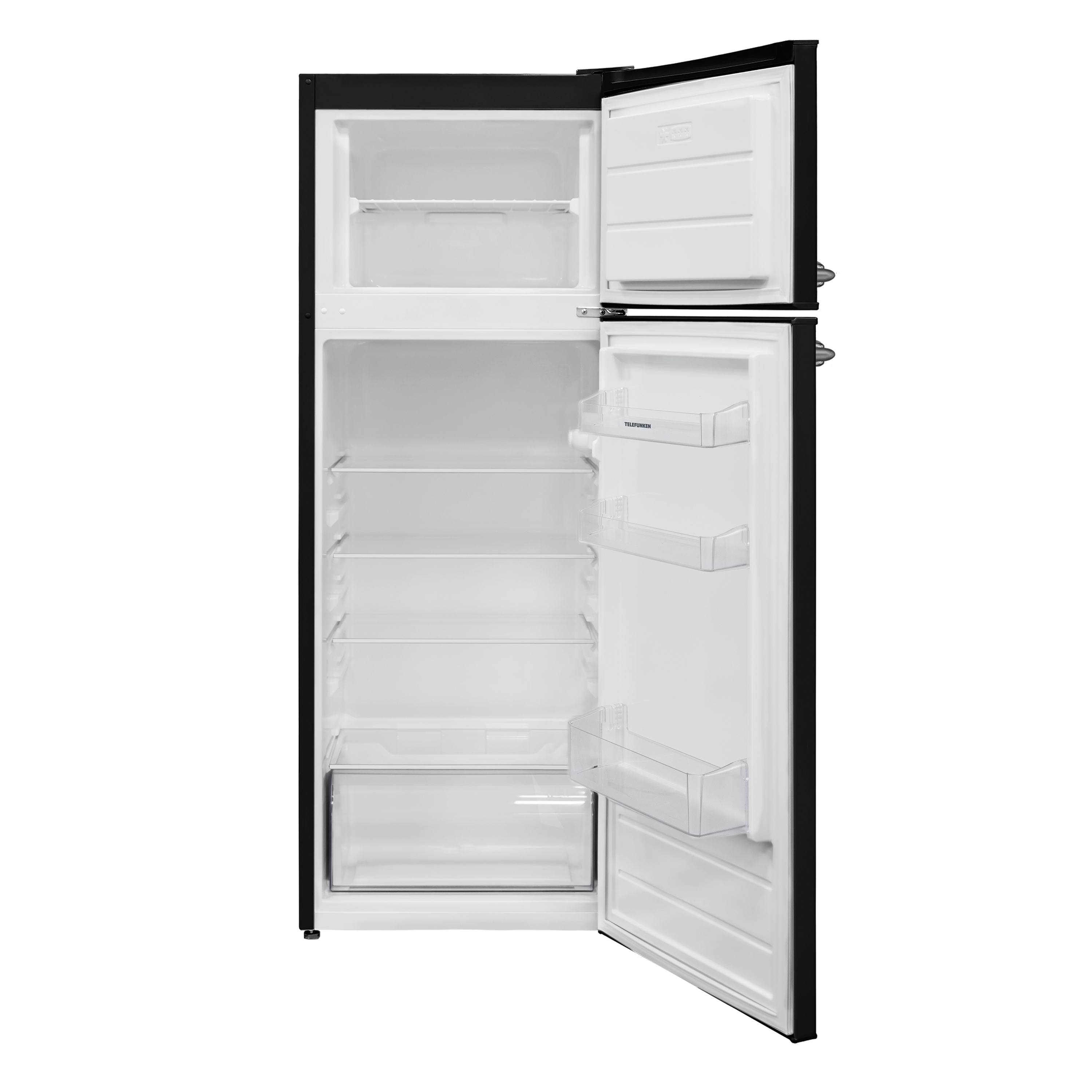 Ein schwarzer Kühlschrank mit geöffneter Tür. Der Innenraum ist weiß, mit Regalen und Schubladen. Die Tür ist rechts.