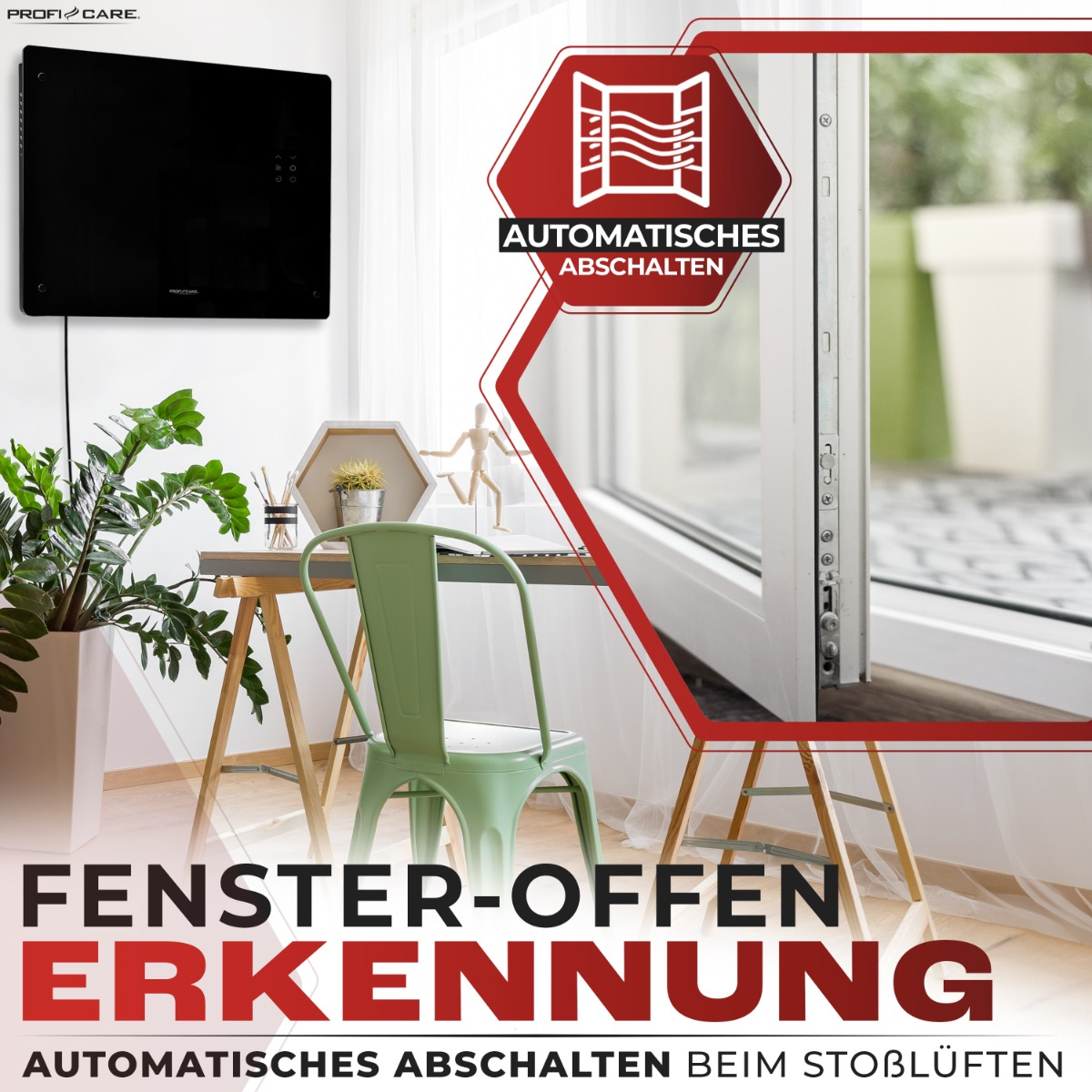 Ujęcie wnętrza z inteligentnym grzejnikiem, biurkiem i zielonym krzesłem. Tekst: Wykrywanie otwartego okna.