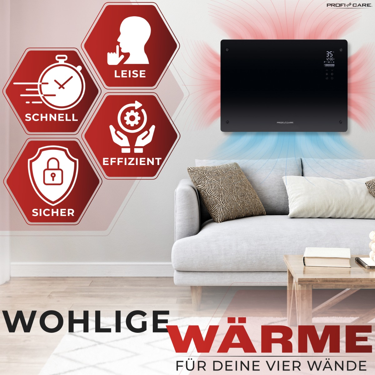 Salon z grzejnikiem na ścianie. Funkcje są wyświetlane jako ikony. Sofa i stół na pierwszym planie.