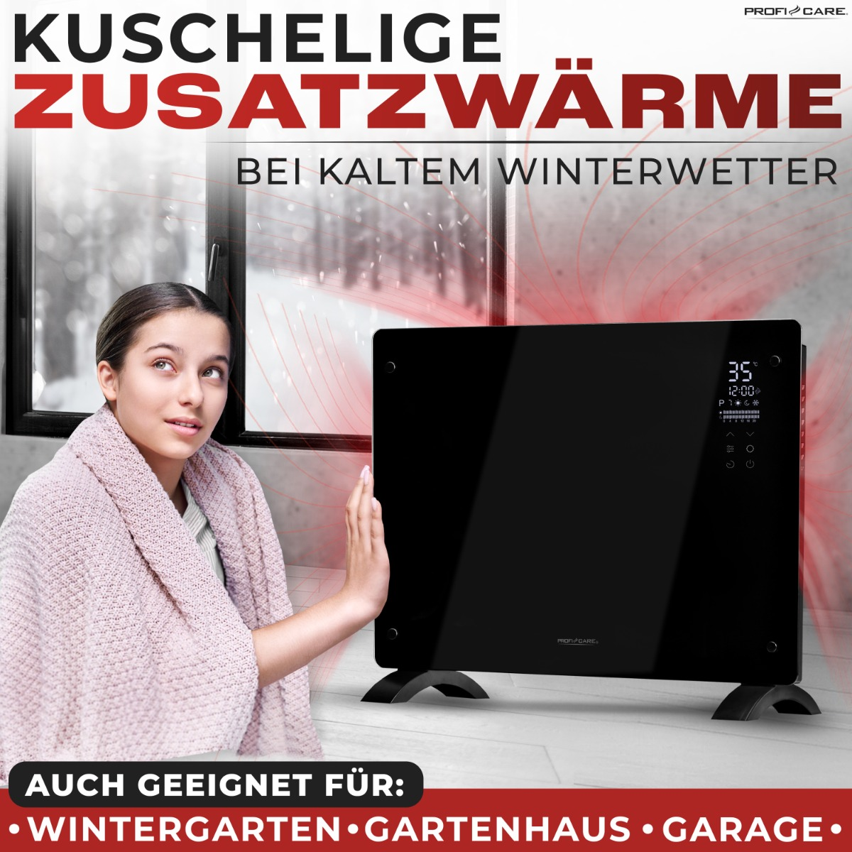 Kobieta w różowym kocu z grzejnikiem. Tekst: KUSCHELIGE ZUSATZWÄRME. Również dla: Wintergarten, Gartenhaus, Garage.