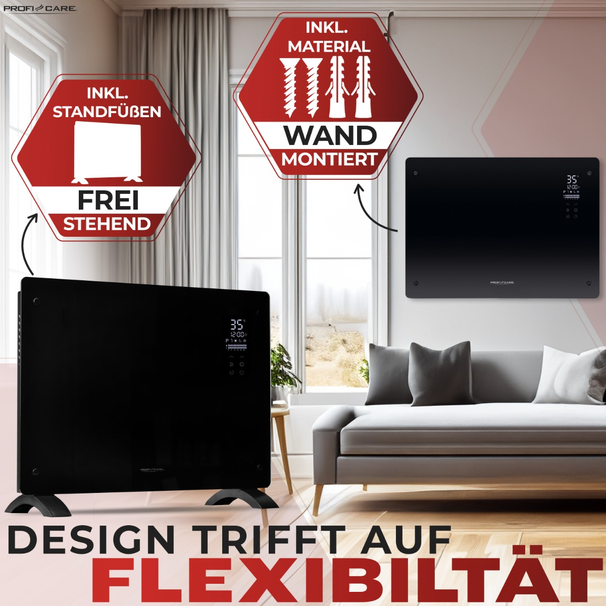 Czarny grzejnik ze stojakiem. Tekst: Design spotyka elastyczność. Opcje montażu na ścianie i wolnostojące.