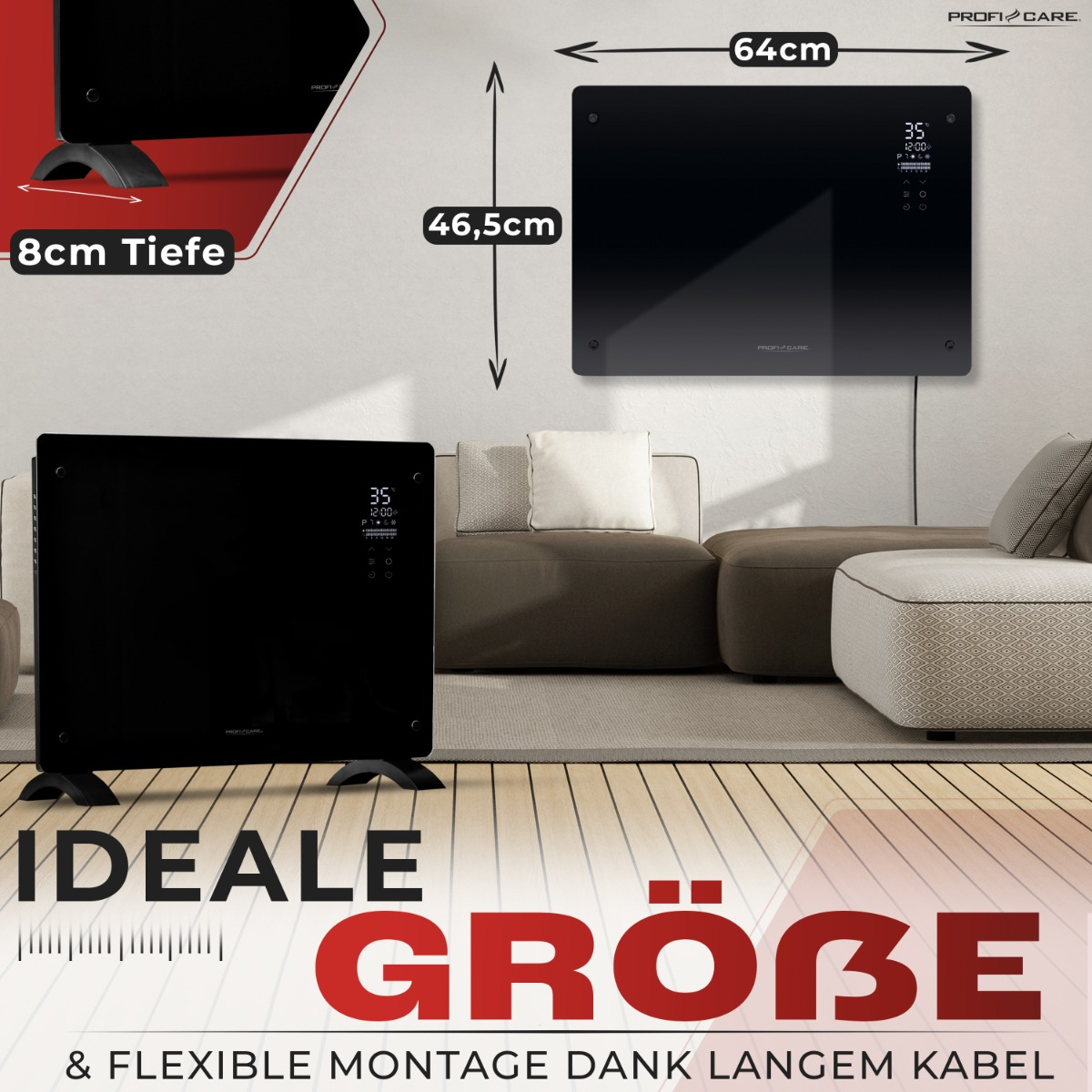 Czarny, prostokątny grzejnik na podłodze, z wymiarami, w pokoju. Tekst: "IDEALE GRÖSSE".