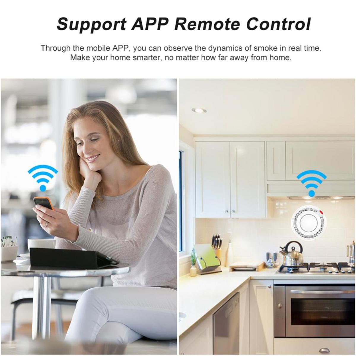 Eine Frau, die ein Telefon benutzt, das mit einem Smart-Home-Gerät verbunden ist, mit einer Küchenszene im Hintergrund.