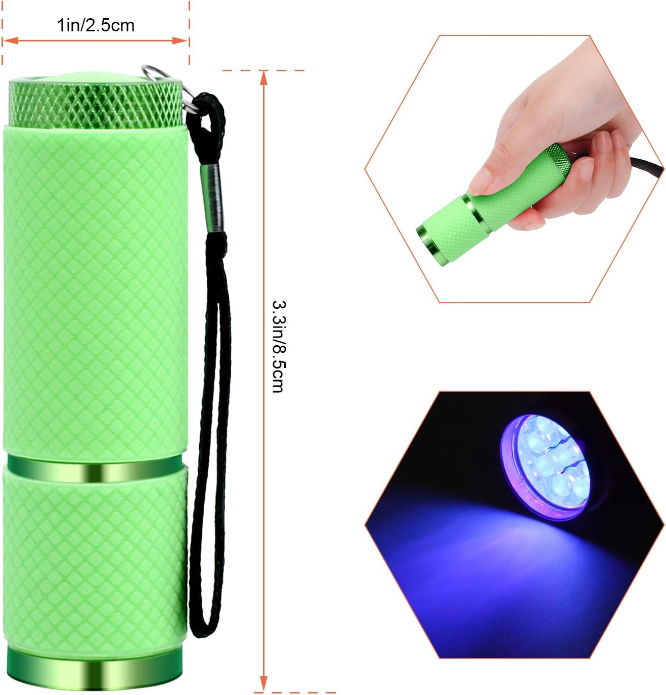 Grüne Taschenlampe mit Abmessungen. Zeigt die Taschenlampe, eine Hand, die sie hält, und Licht.