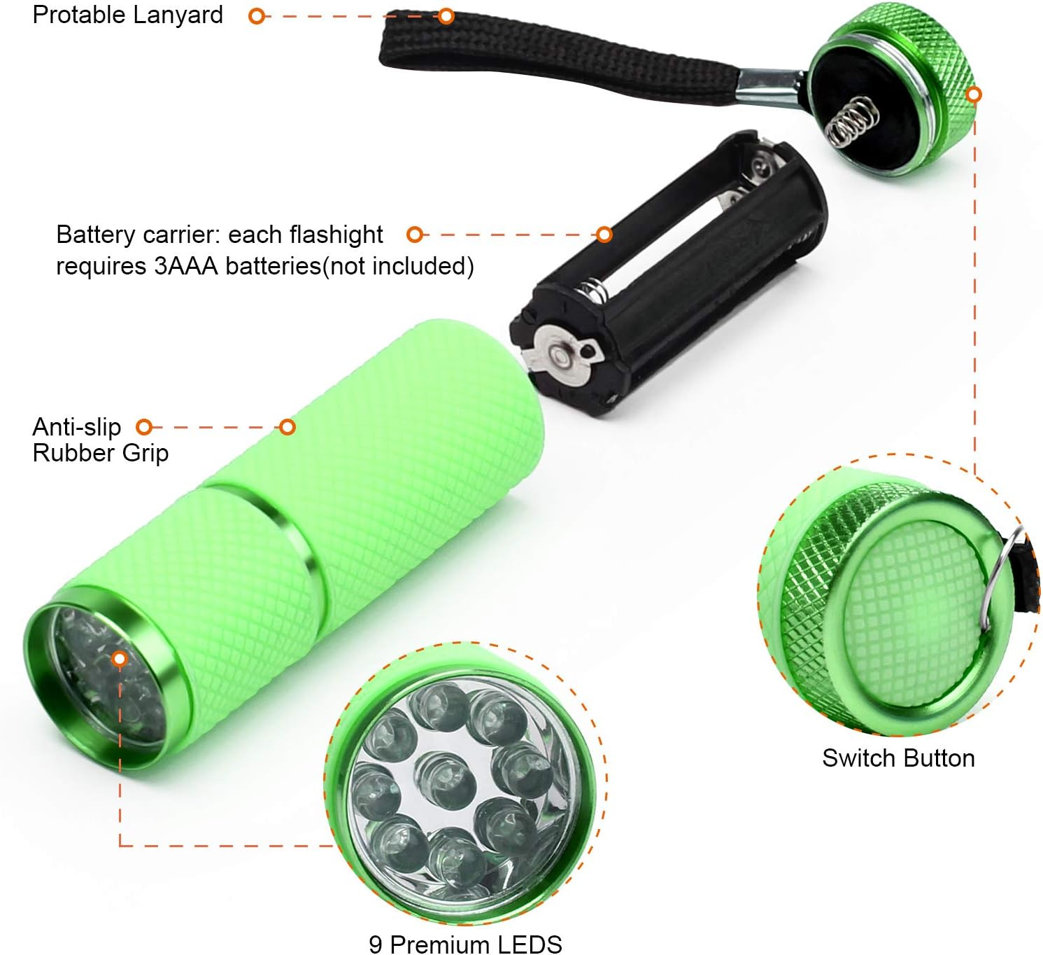 Grüne Taschenlampe zerlegt, Teile zeigend: LEDs, Batterieträger, Schalter und Schlüsselband.