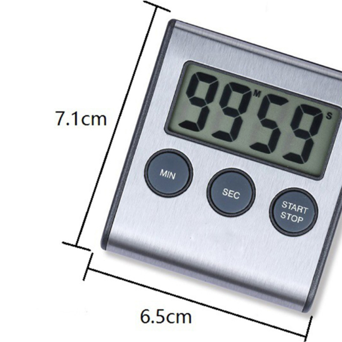 Ein silberner Timer mit digitaler Anzeige, die 99:59 anzeigt. Er hat Knöpfe mit der Bezeichnung MIN, SEC und START/STOP.