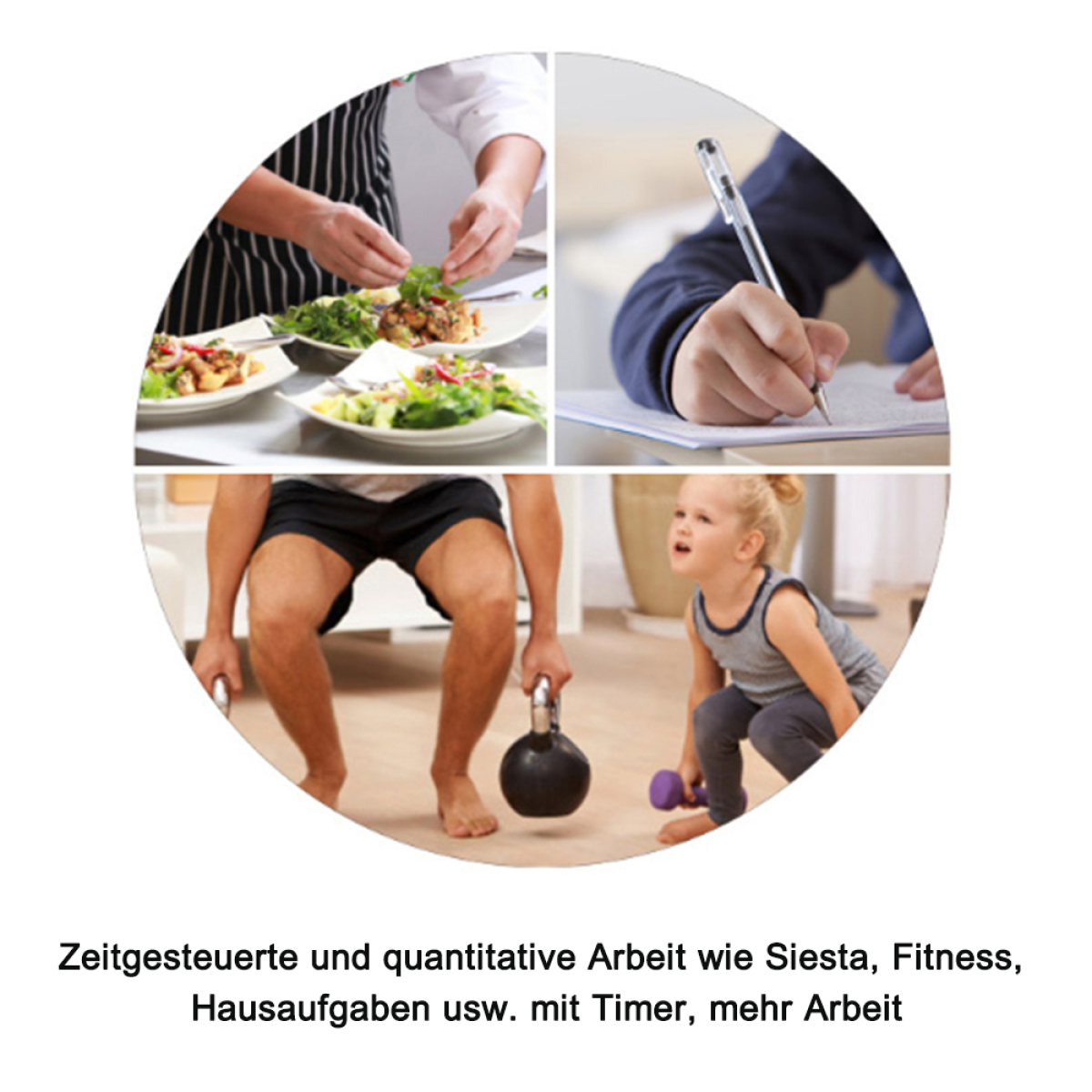 Ein kreisförmiges Bild zeigt vier Aktivitäten: Kochen, Schreiben, Gewichtheben und Spielen.