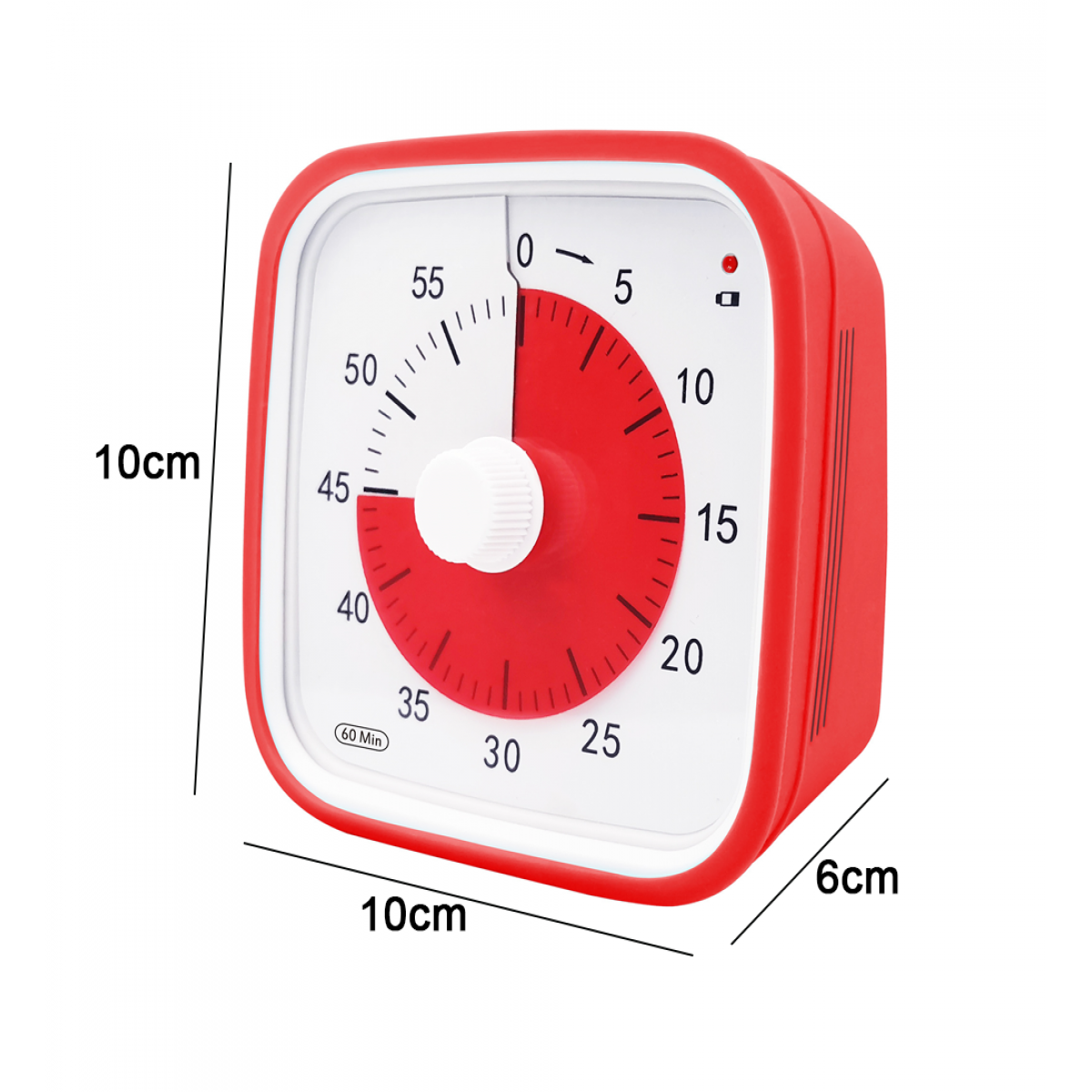 Ein rot-weißer Küchentimer mit beschrifteten Messungen.