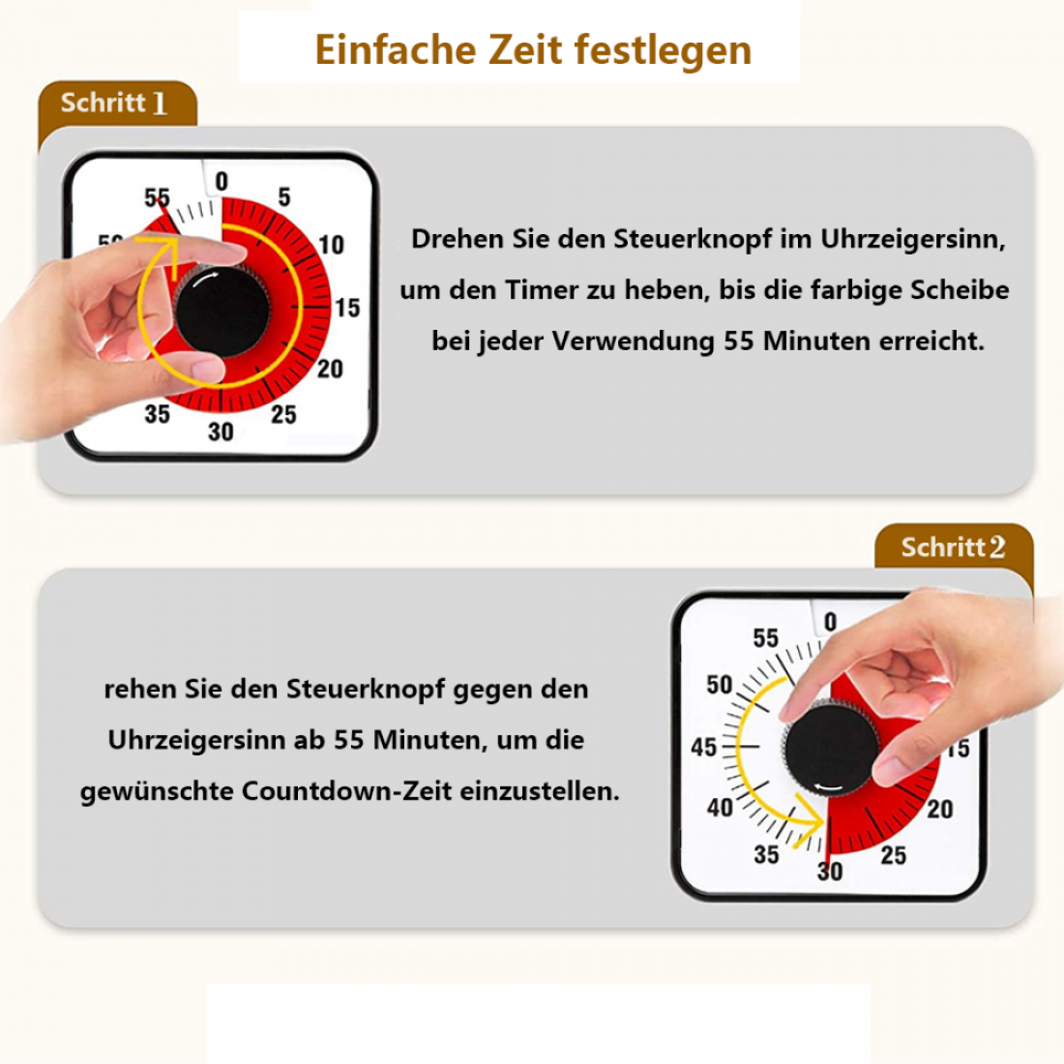 Anweisungen zum Einstellen eines Timers. Schritt 1 zeigt das Drehen eines Knopfes, Schritt 2 die Zeit.