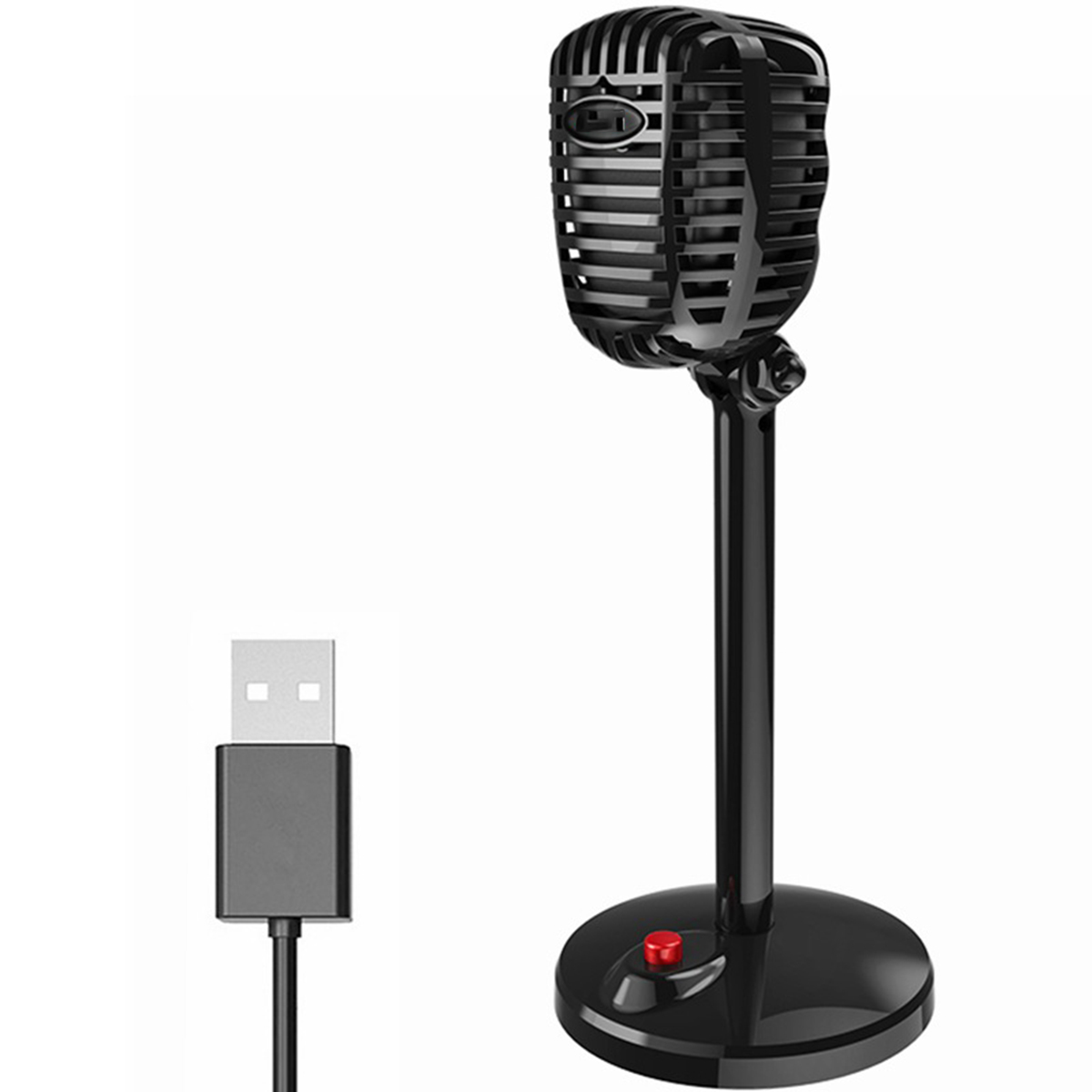 Ein schwarzes Vintage-Mikrofon auf einem Ständer mit einem USB-Kabel und einem roten Einschaltknopf.