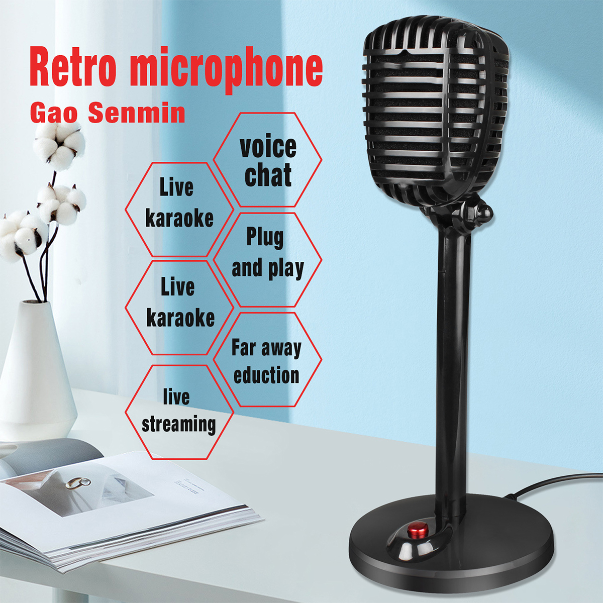 Retro-Mikrofon auf einem Ständer. Text beinhaltet: Live-Karaoke, Voice-Chat, Plug and Play und Live-Streaming.