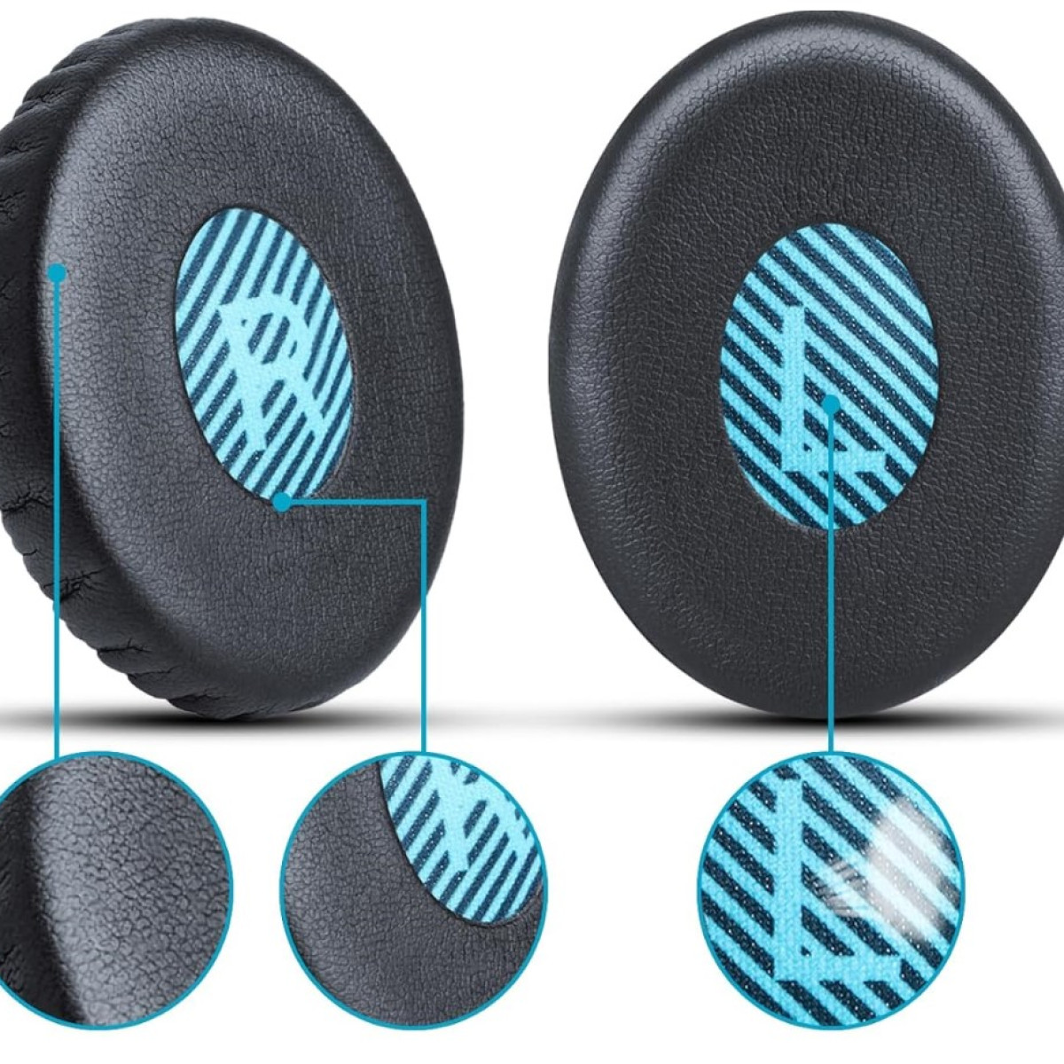 Poduszki do słuchawek. Czarne z niebiesko-białą tkaniną w paski na środku. Zbliżenie na tekstury.