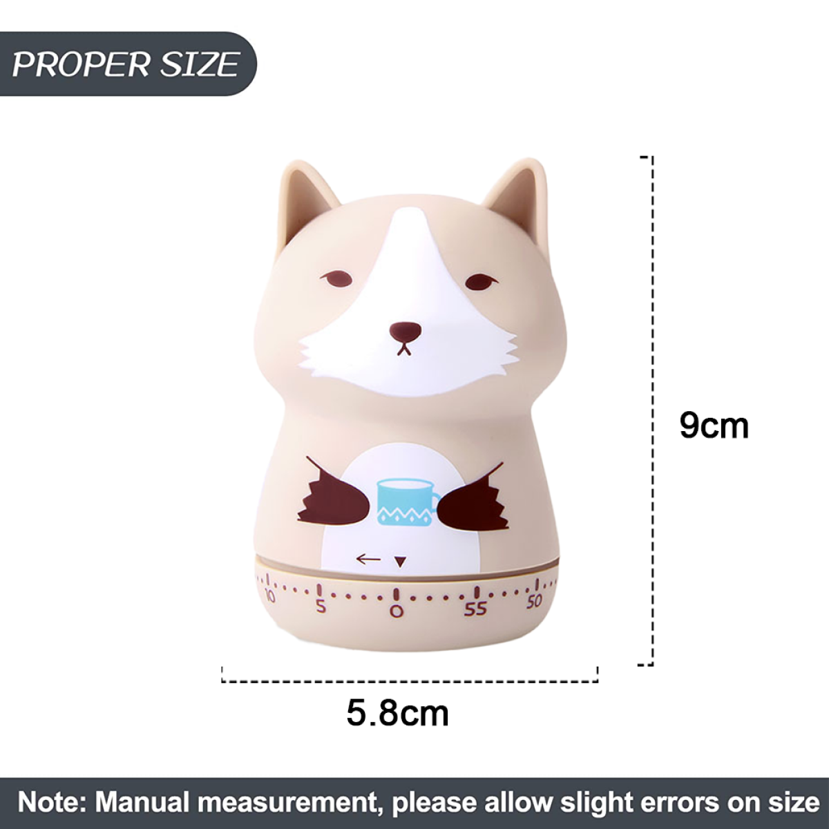 Ein fuchsformiger Timer mit den Maßen: 9 cm hoch, 5,8 cm breit. Weißer Hintergrund.