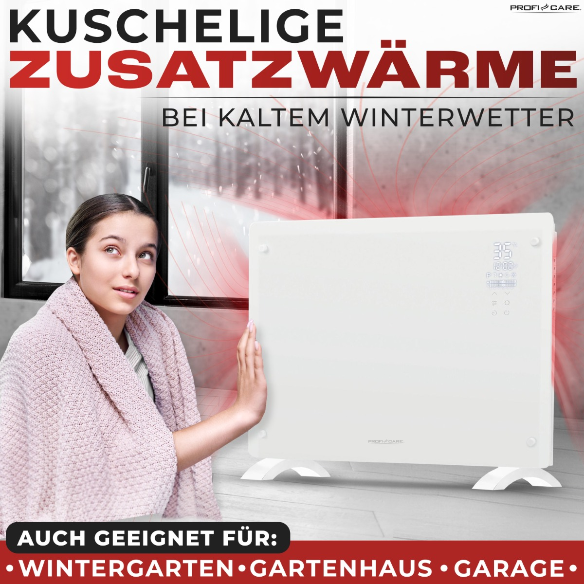 Donna vicino a un termoconvettore bianco con display digitale, testo sopra: 'kuschelige Zusatzwärme'.