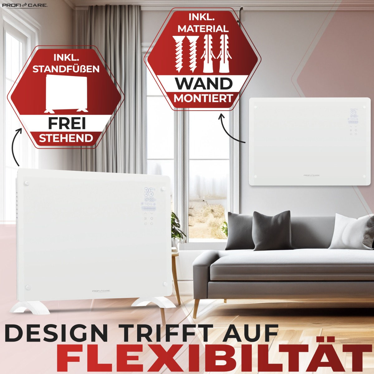 Due scaldabagni bianchi, uno su supporto e uno montato. Testo: Il design incontra la flessibilità.