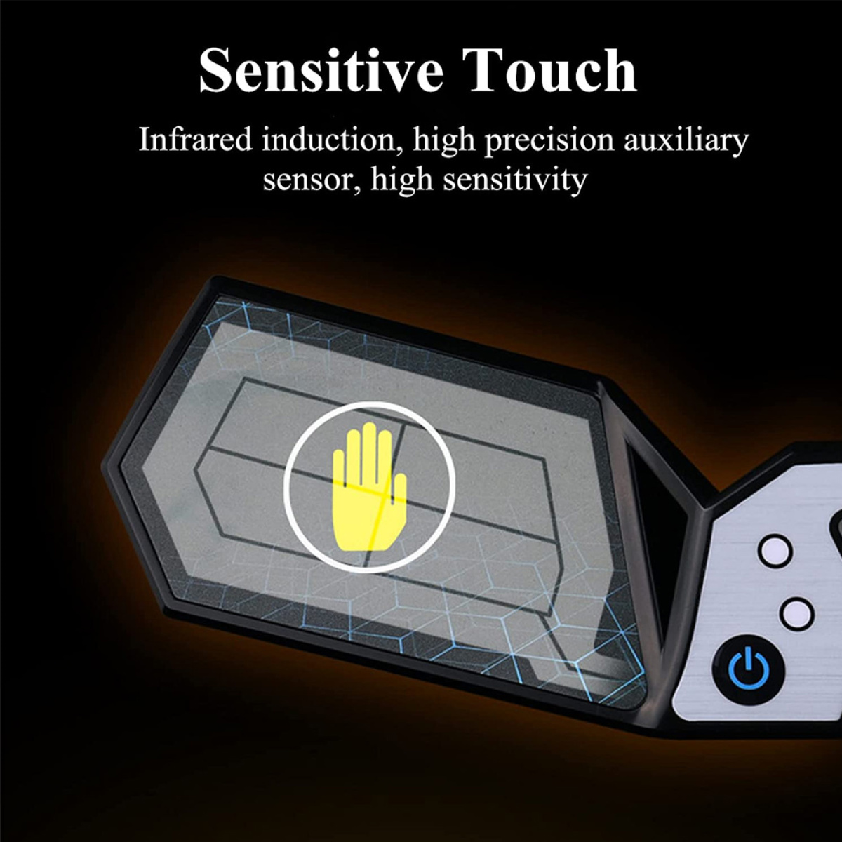 Schwarzer Sensor mit Hand-Symbol. Die Hand ist gelb, auf dunkelgrauem Hintergrund.