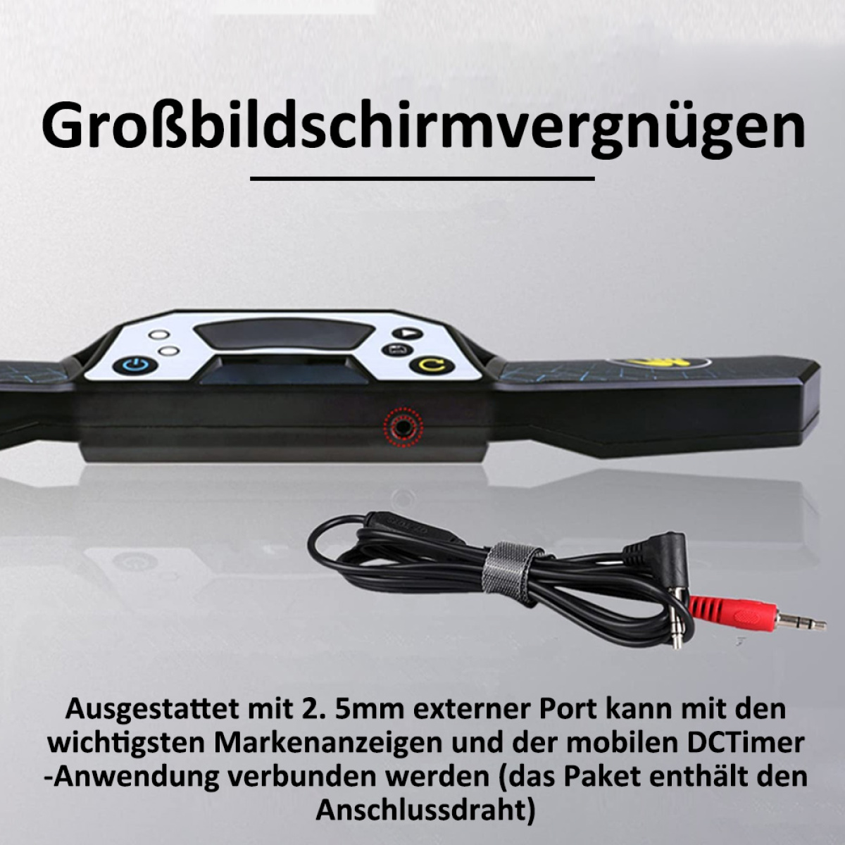 Schwarzes Gerät mit Knöpfen und Kabel, und Text auf Deutsch.