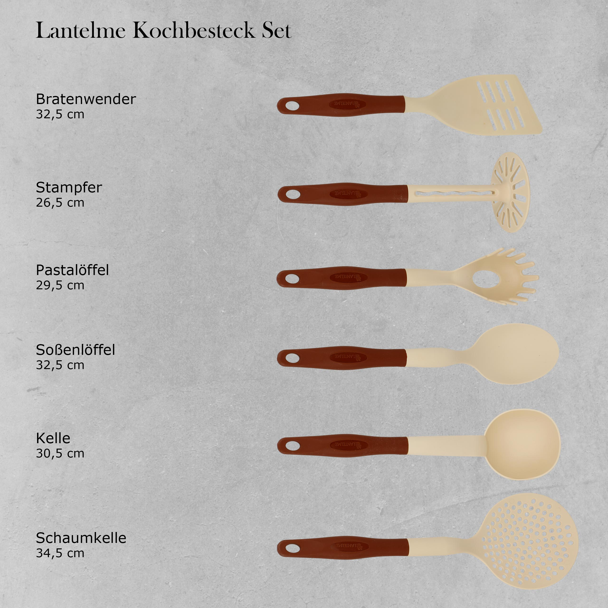Ein Set von Küchenutensilien mit ihren Namen und angezeigten Abmessungen.