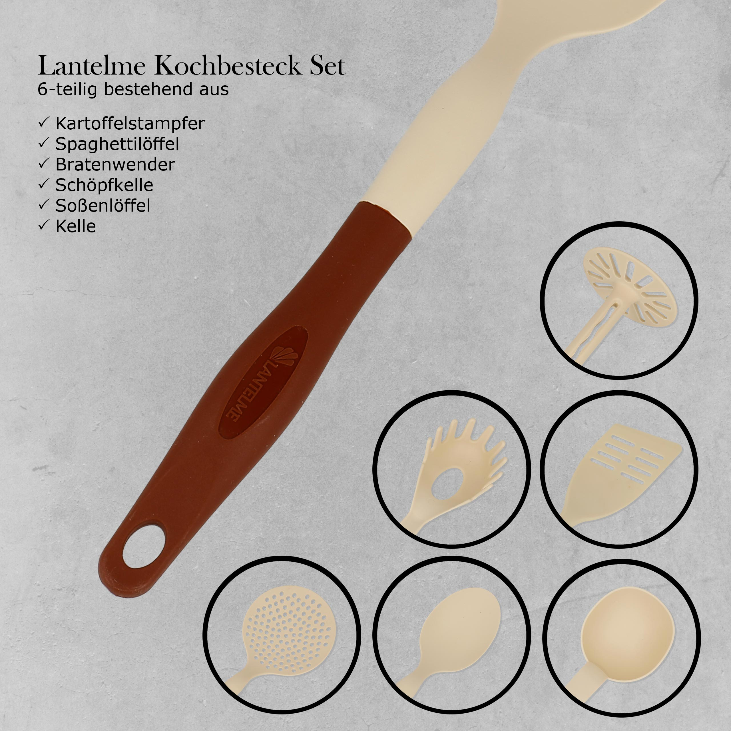 Set von Küchenutensilien: Kartoffelstampfer, Spaghettilöffel, Pfannenwender, Schöpflöffel usw.